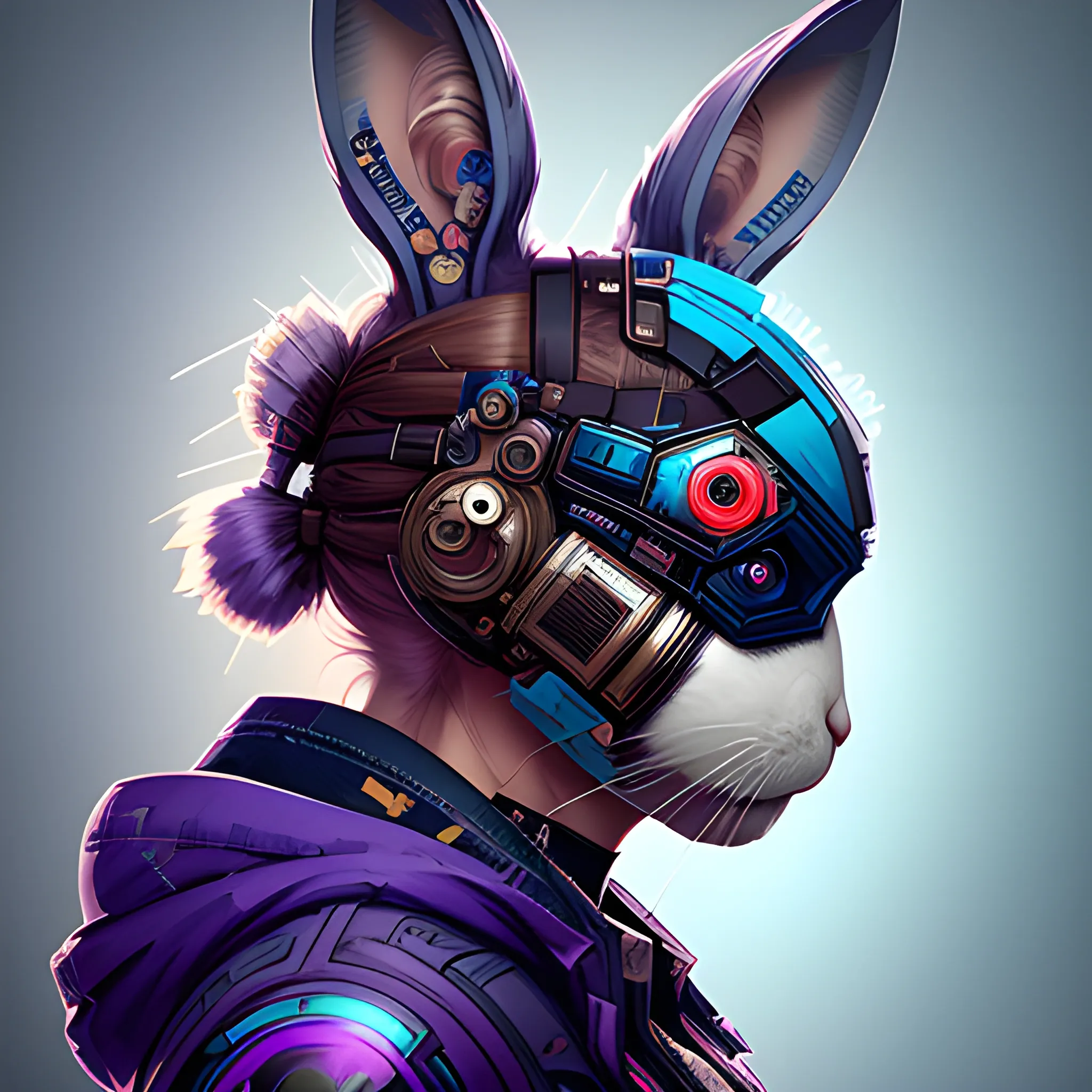 a beautiful portrait of a cute cyberpunk rabbit by sandra chevrier and greg rutkowski and wlop, from side, purple blue color scheme, high key lighting, volumetric light, digital art, highly detailed, fine detail, intricate, ornate, complex, octane render, unreal engine, photorealistic 