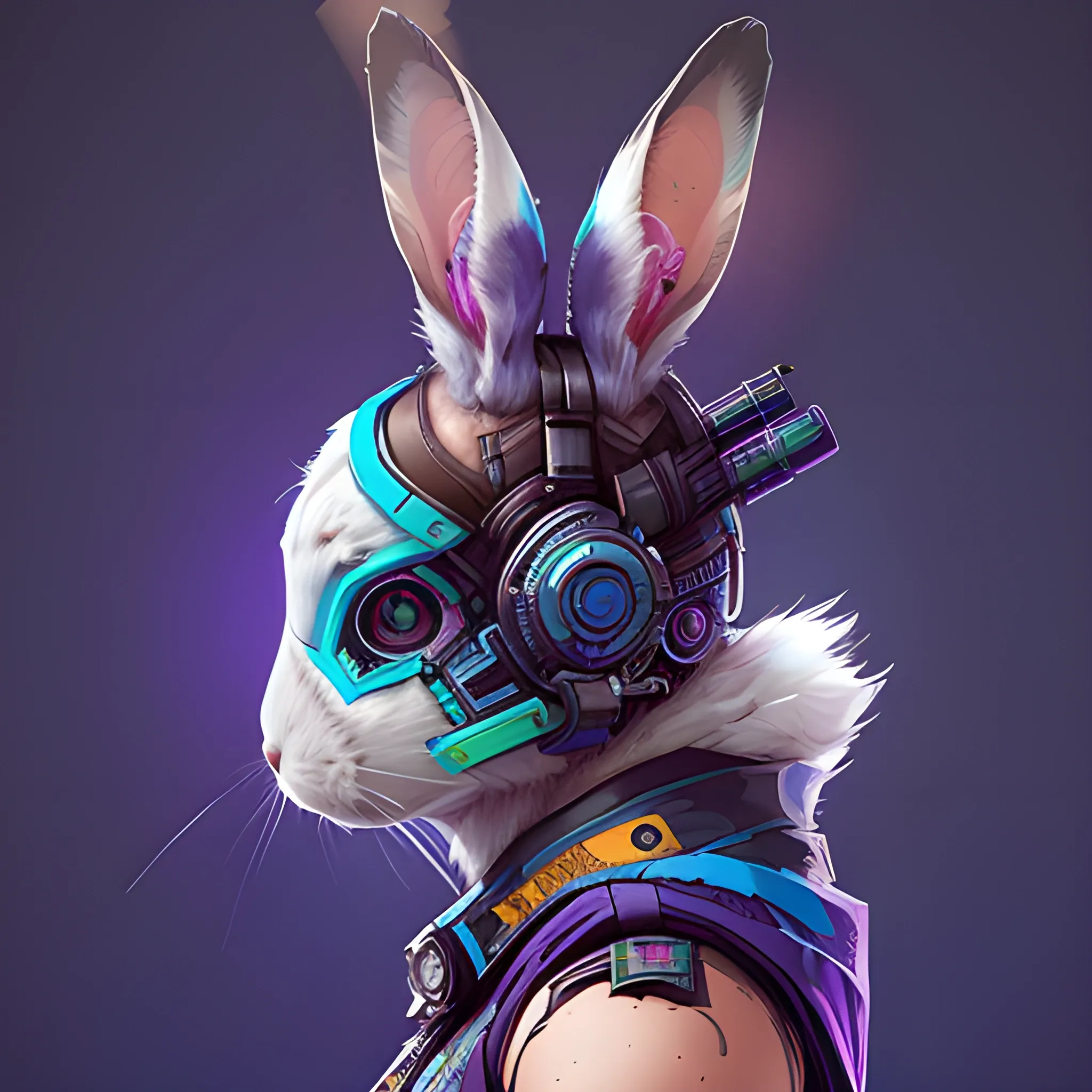 a beautiful portrait of a cute cyberpunk rabbit by sandra chevrier and greg rutkowski and wlop, from side, purple blue color scheme, high key lighting, volumetric light, digital art, highly detailed, fine detail, intricate, ornate, complex, octane render, unreal engine, photorealistic 