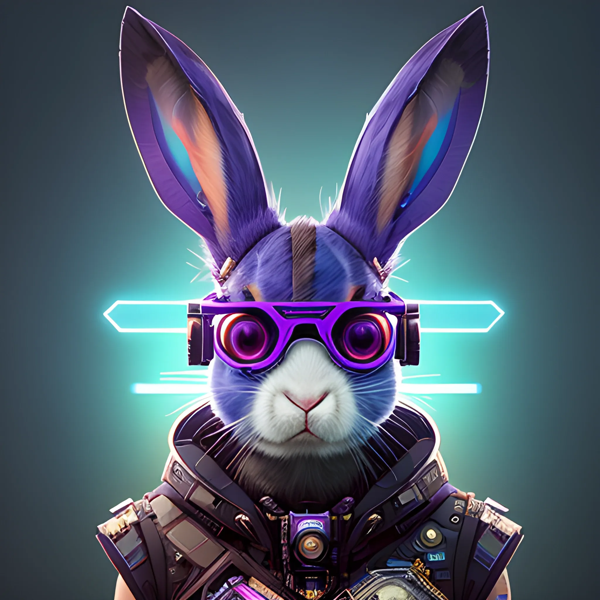 a beautiful portrait of a cute cyberpunk rabbit by sandra chevrier and greg rutkowski and wlop, 3/4 side, AR glasses, purple blue color scheme, high key lighting, volumetric light, digital art, highly detailed, fine detail, intricate, ornate, complex, octane render, unreal engine, photorealistic 