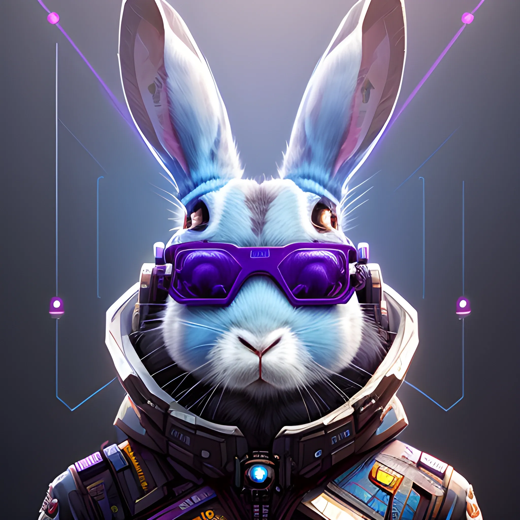 a beautiful portrait of a cute cyberpunk rabbit by sandra chevrier and greg rutkowski and wlop, 3/4 side, AR glasses, purple blue color scheme, high key lighting, volumetric light, digital art, highly detailed, fine detail, intricate, ornate, complex, octane render, unreal engine, photorealistic 