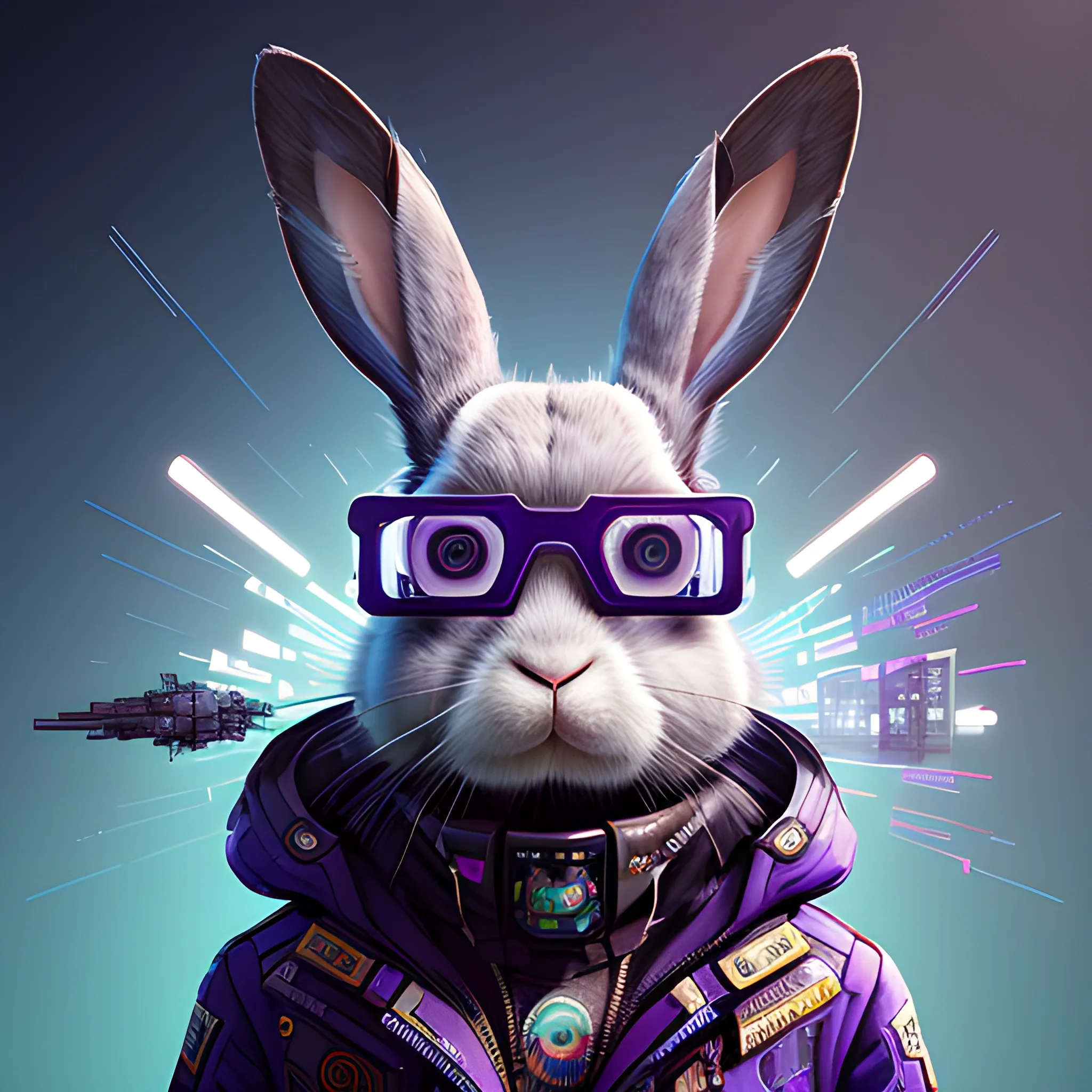 a beautiful portrait of a cute cyberpunk rabbit by sandra chevrier and greg rutkowski and wlop, 3/4 side, An eyeglass with AR glasses, purple blue color scheme, high key lighting, volumetric light, digital art, highly detailed, fine detail, intricate, ornate, complex, octane render, unreal engine, photorealistic 