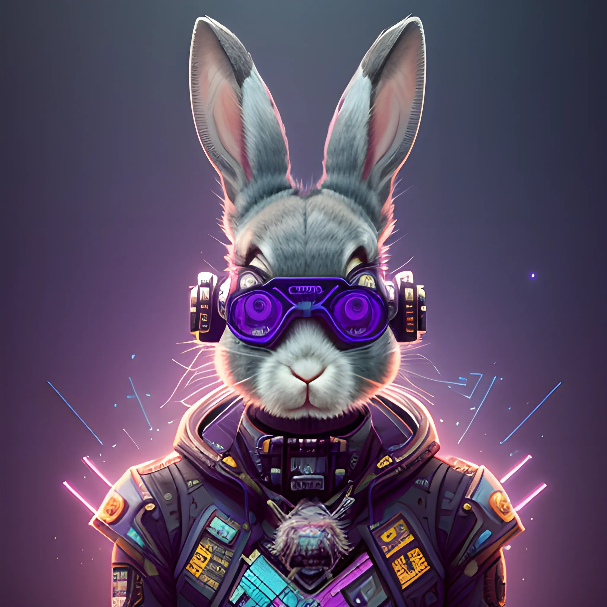 a beautiful portrait of a cute cyberpunk rabbit by sandra chevrier and greg rutkowski and wlop, 3/4 side, Single AR glasses, purple blue color scheme, high key lighting, volumetric light, digital art, highly detailed, fine detail, intricate, ornate, complex, octane render, unreal engine, photorealistic 