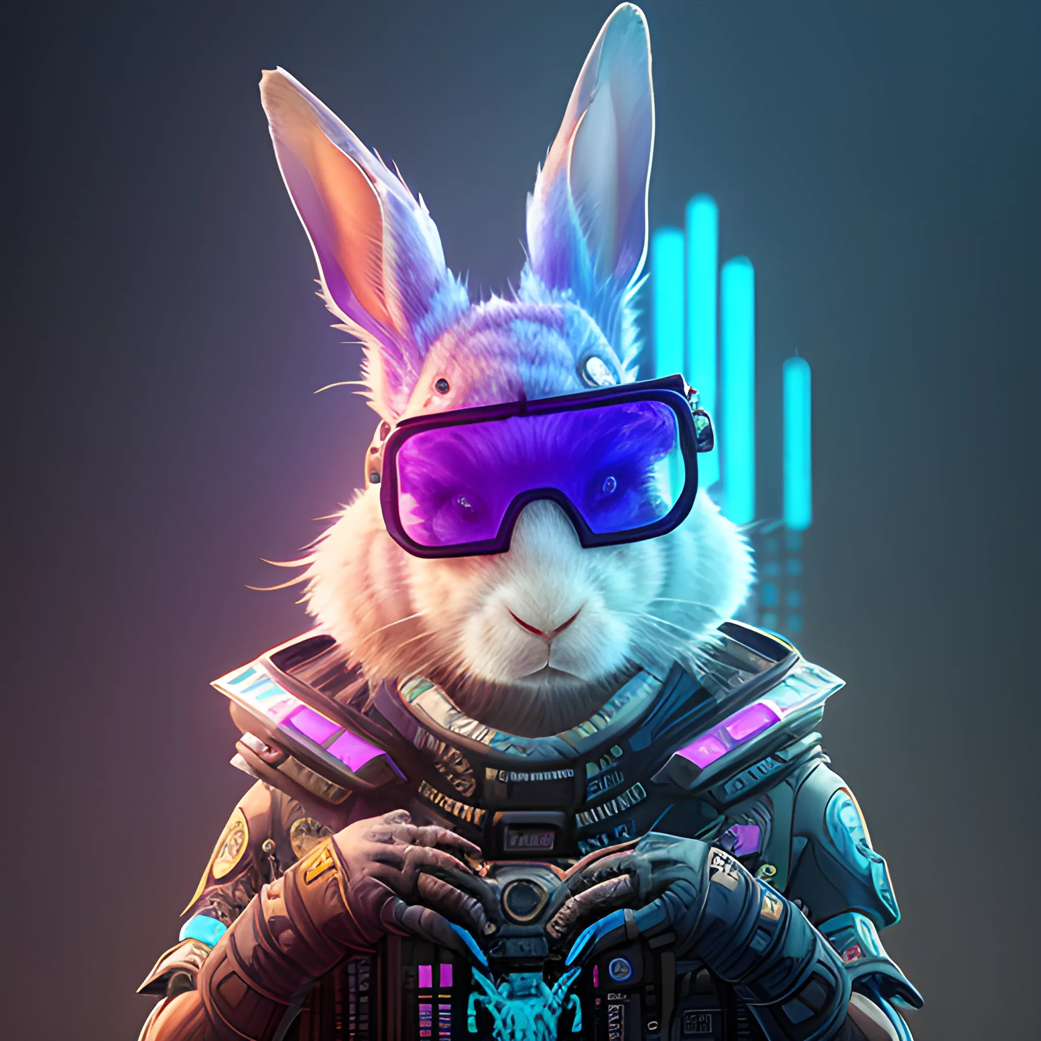 a beautiful portrait of a cute cyberpunk rabbit by sandra chevrier and greg rutkowski and wlop, 3/4 side, Single AR glasses, purple blue color scheme, high key lighting, volumetric light, digital art, highly detailed, fine detail, intricate, ornate, complex, octane render, unreal engine, photorealistic 