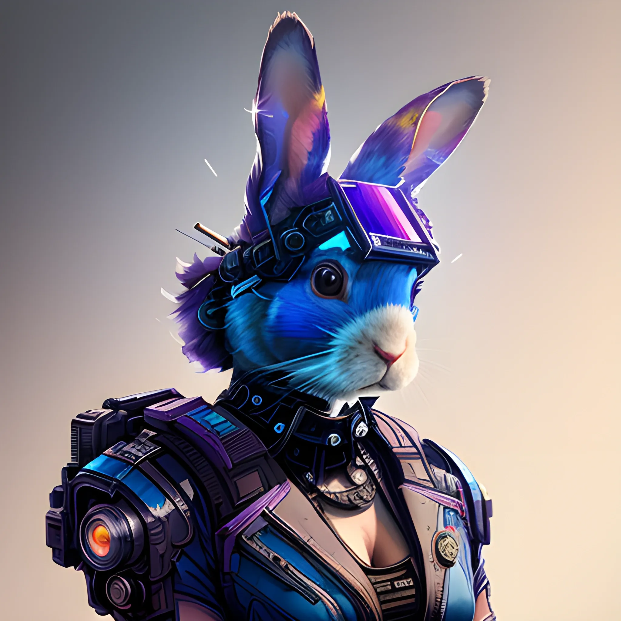 a beautiful portrait of a cute cyberpunk rabbit by sandra chevrier and greg rutkowski and wlop,from 3/4 side, purple blue color scheme, high key lighting, volumetric light, digital art, highly detailed, fine detail, intricate, ornate, complex, octane render, unreal engine, photorealistic 