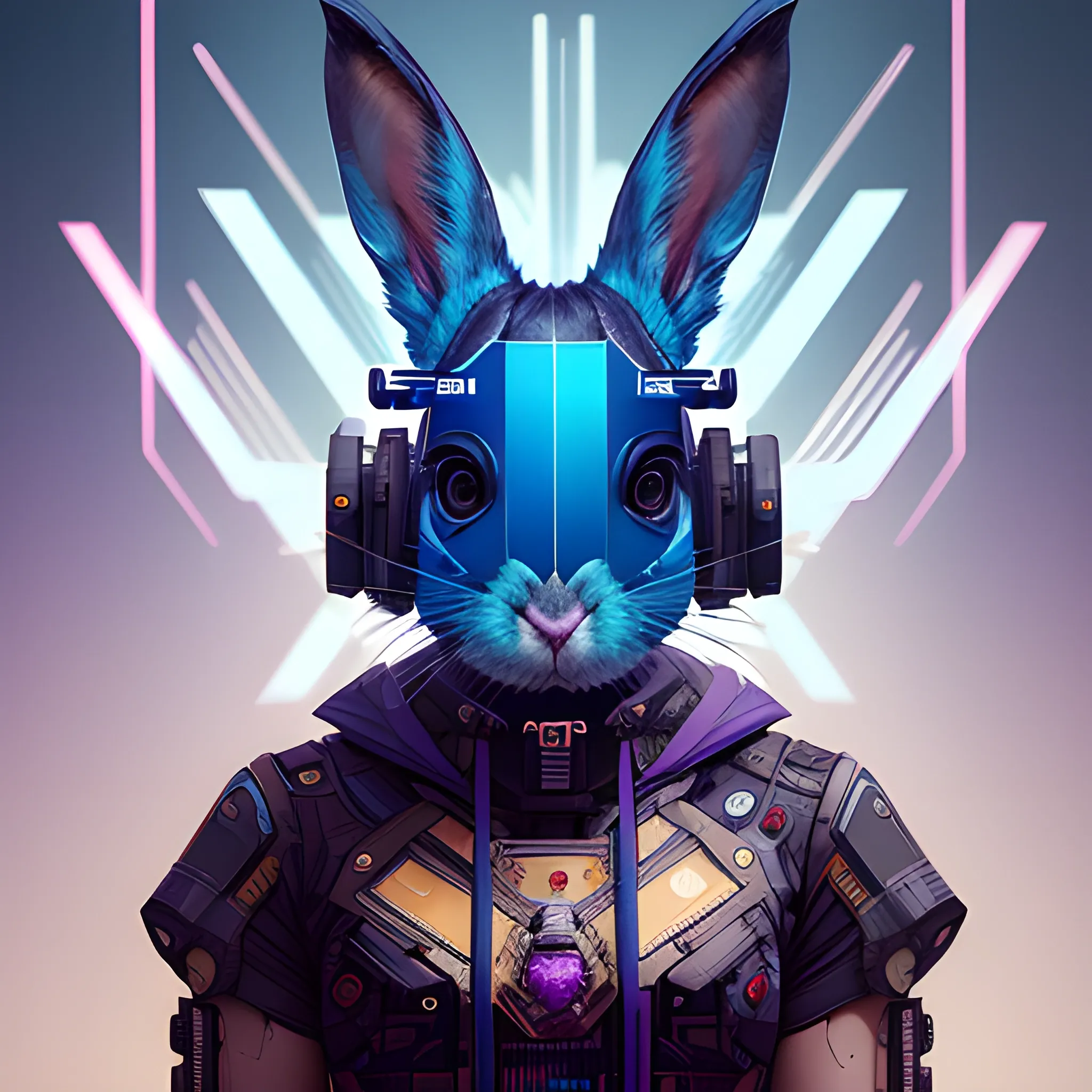 a beautiful portrait of a cute cyberpunk rabbit by sandra chevrier and greg rutkowski and wlop, man, a man, from 3/4 side, purple blue color scheme, high key lighting, volumetric light, digital art, highly detailed, fine detail, intricate, ornate, complex, octane render, unreal engine, photorealistic 