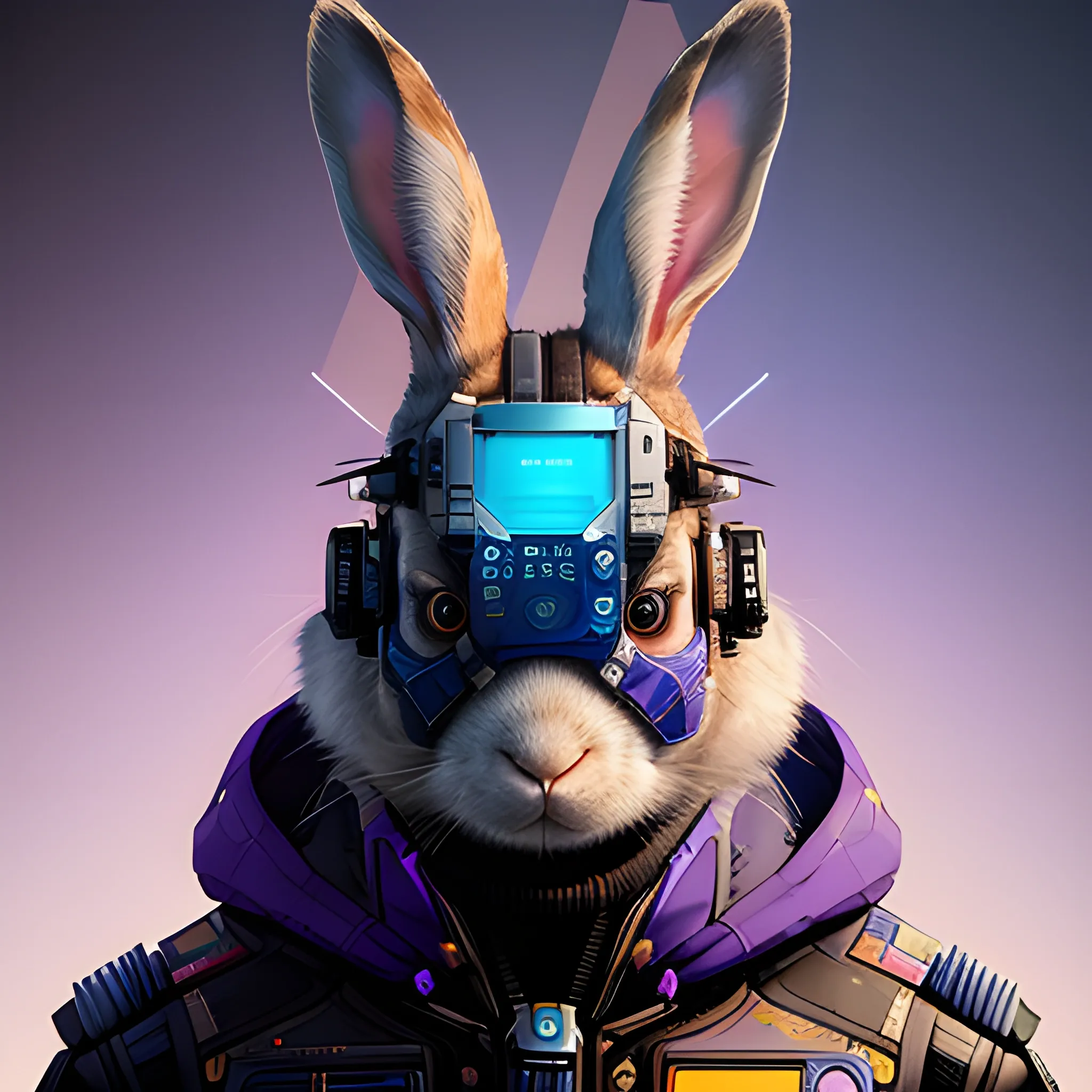 a beautiful portrait of a cute cyberpunk rabbit by sandra chevrier and greg rutkowski and wlop, a man, from 3/4 side, purple blue color scheme, high key lighting, volumetric light, digital art, highly detailed, fine detail, intricate, ornate, complex, octane render, unreal engine, photorealistic 