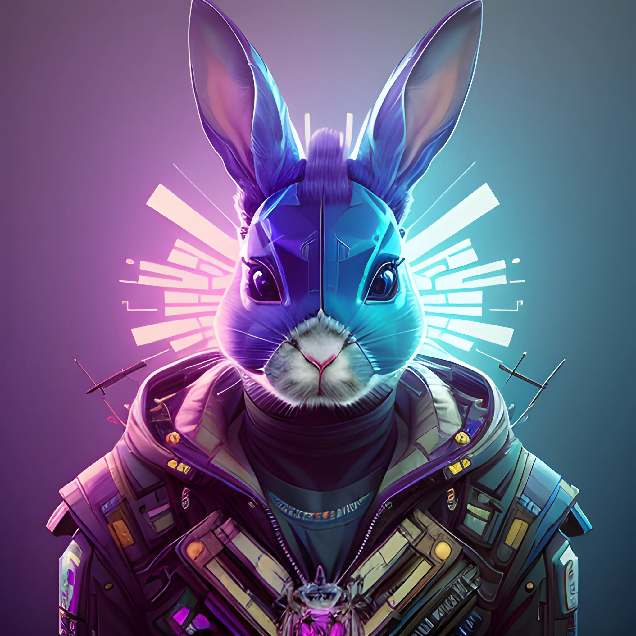 a beautiful portrait of a cute cyberpunk rabbit by sandra chevrier and greg rutkowski and wlop, a man, from 3/4 side, purple blue color scheme, high key lighting, volumetric light, digital art, highly detailed, fine detail, intricate, ornate, complex, octane render, unreal engine, photorealistic 