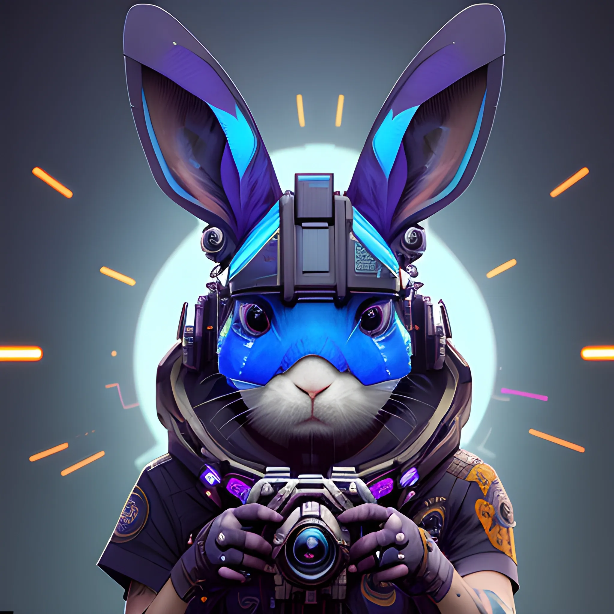 a beautiful portrait of a cute cyberpunk rabbit by sandra chevrier and greg rutkowski and wlop, from 3/4 side, purple blue color scheme,  a man, high key lighting, volumetric light, digital art, highly detailed, fine detail, intricate, ornate, complex, octane render, unreal engine, photorealistic 