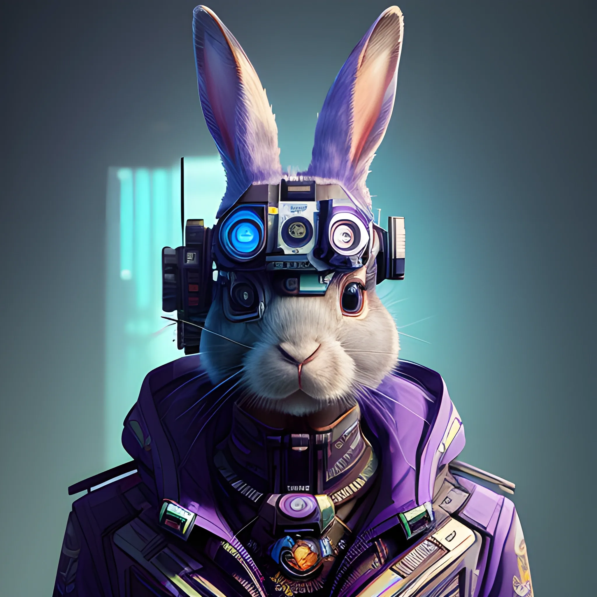 a beautiful portrait of a cute cyberpunk rabbit by sandra chevrier and greg rutkowski and wlop, from 3/4 side, purple blue color scheme,  a man, high key lighting, volumetric light, digital art, highly detailed, fine detail, intricate, ornate, complex, octane render, unreal engine, photorealistic 