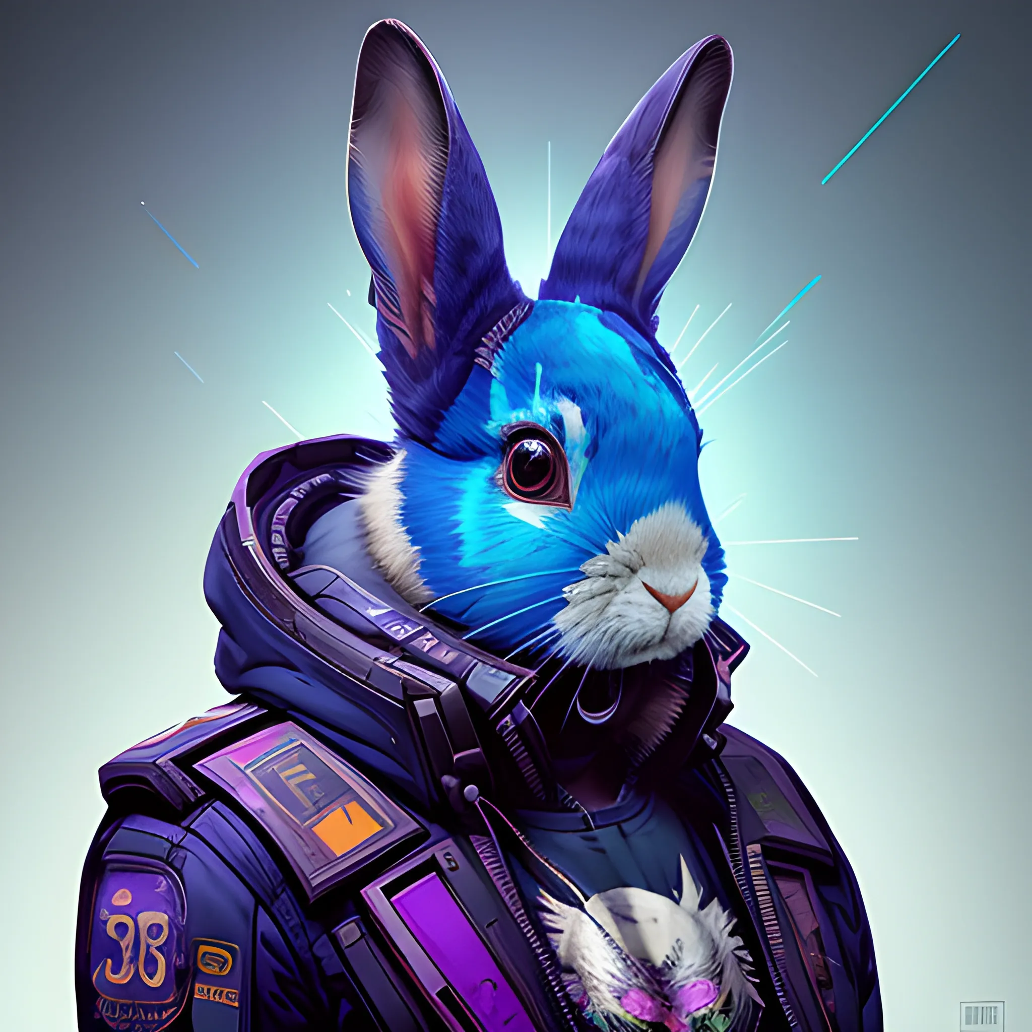 a beautiful portrait of a cute cyberpunk rabbit by sandra chevrier and greg rutkowski and wlop, from 3/4 side, purple blue color scheme,  a man, high key lighting, volumetric light, digital art, highly detailed, fine detail, intricate, ornate, complex, octane render, unreal engine, photorealistic 