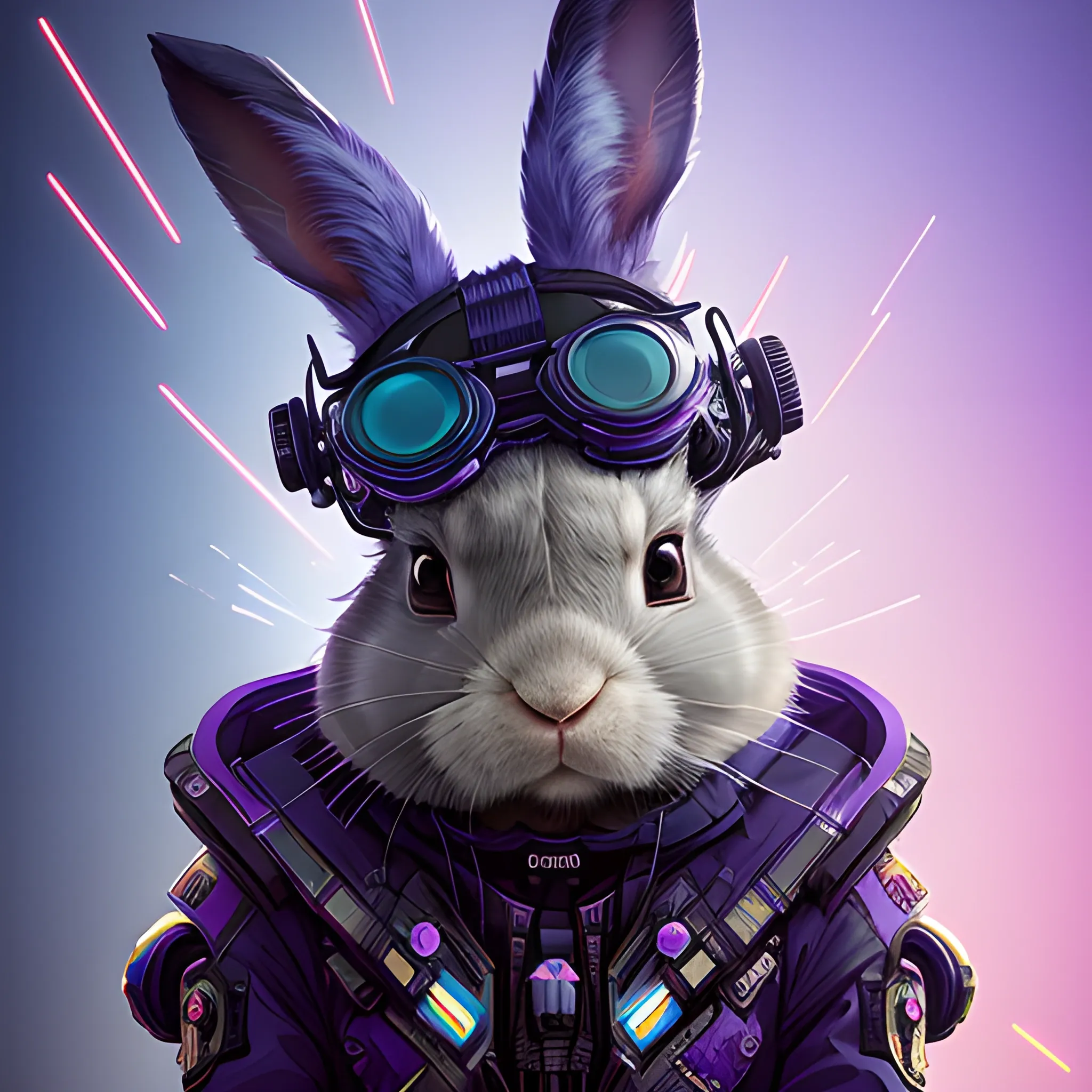 a beautiful portrait of a cute cyberpunk rabbit by sandra chevrier and greg rutkowski and wlop, from 3/4 side, purple blue color scheme,  a man, high key lighting, volumetric light, digital art, highly detailed, fine detail, intricate, ornate, complex, octane render, unreal engine, photorealistic 