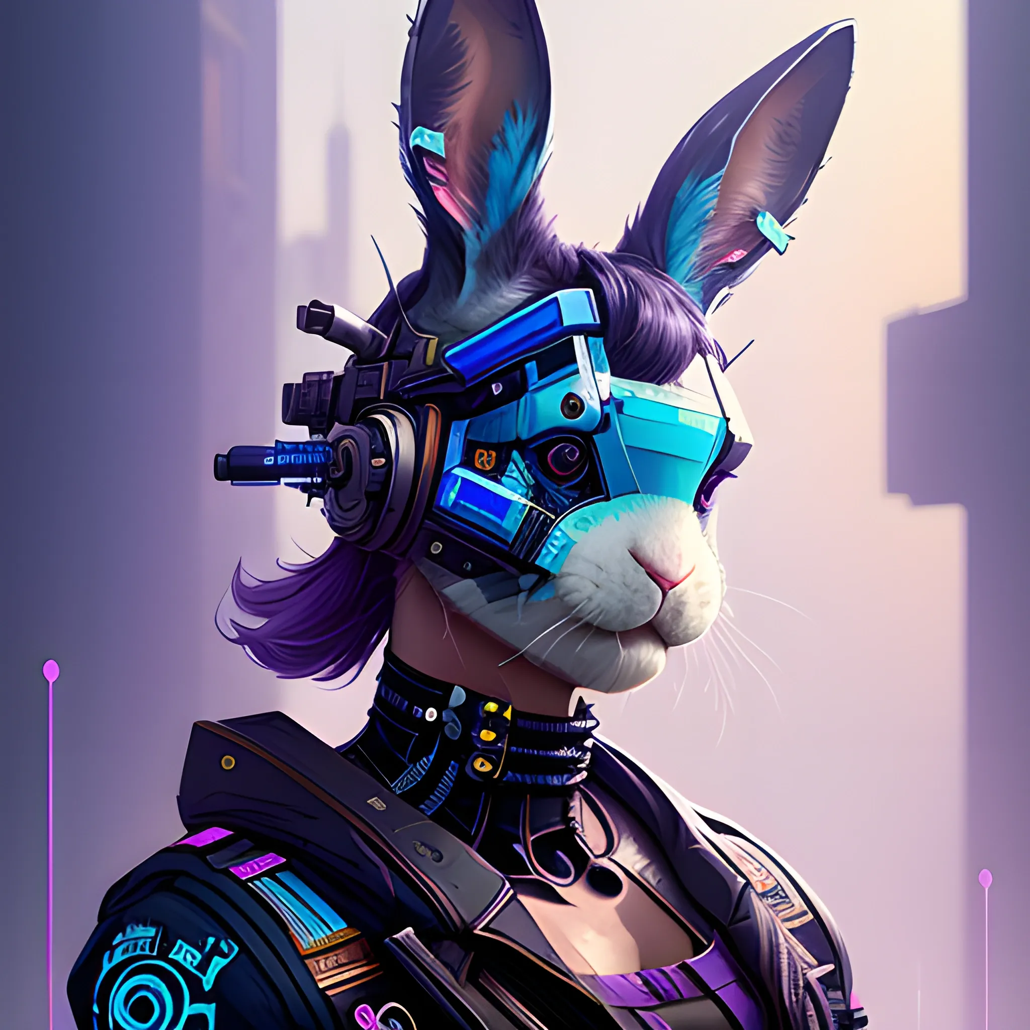 a beautiful portrait of a cute cyberpunk rabbit by sandra chevrier and greg rutkowski and wlop, from 3/4 side, purple blue color scheme,  a man, high key lighting, volumetric light, digital art, highly detailed, fine detail, intricate, ornate, complex, octane render, unreal engine, photorealistic 