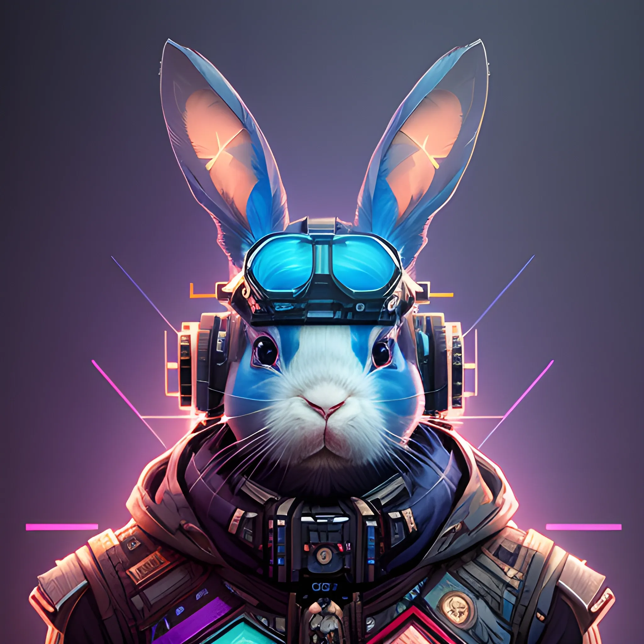 a beautiful portrait of a cute cyberpunk rabbit by sandra chevrier and greg rutkowski and wlop, from 3/4 side, purple blue color scheme,  a man, high key lighting, volumetric light, digital art, highly detailed, fine detail, intricate, ornate, complex, octane render, unreal engine, photorealistic 