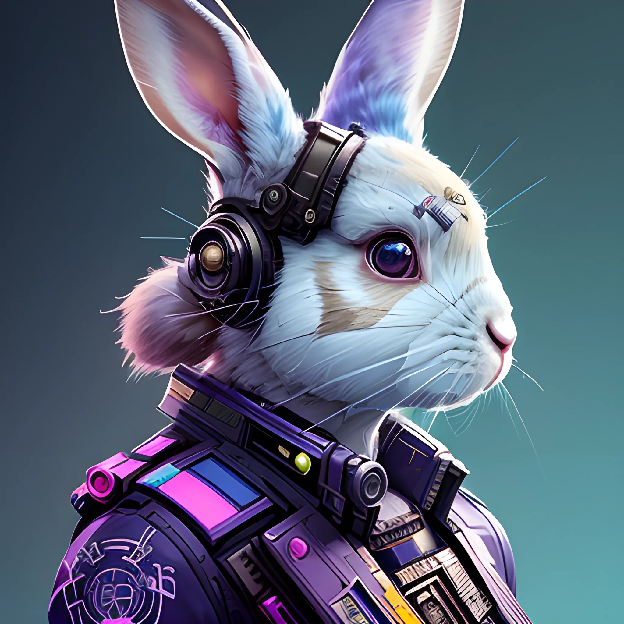 a beautiful portrait of a cute cyberpunk rabbit by sandra chevrier and greg rutkowski and wlop, from 3/4 side, purple blue color scheme,  a man, high key lighting, volumetric light, digital art, highly detailed, fine detail, intricate, ornate, complex, octane render, unreal engine, photorealistic 