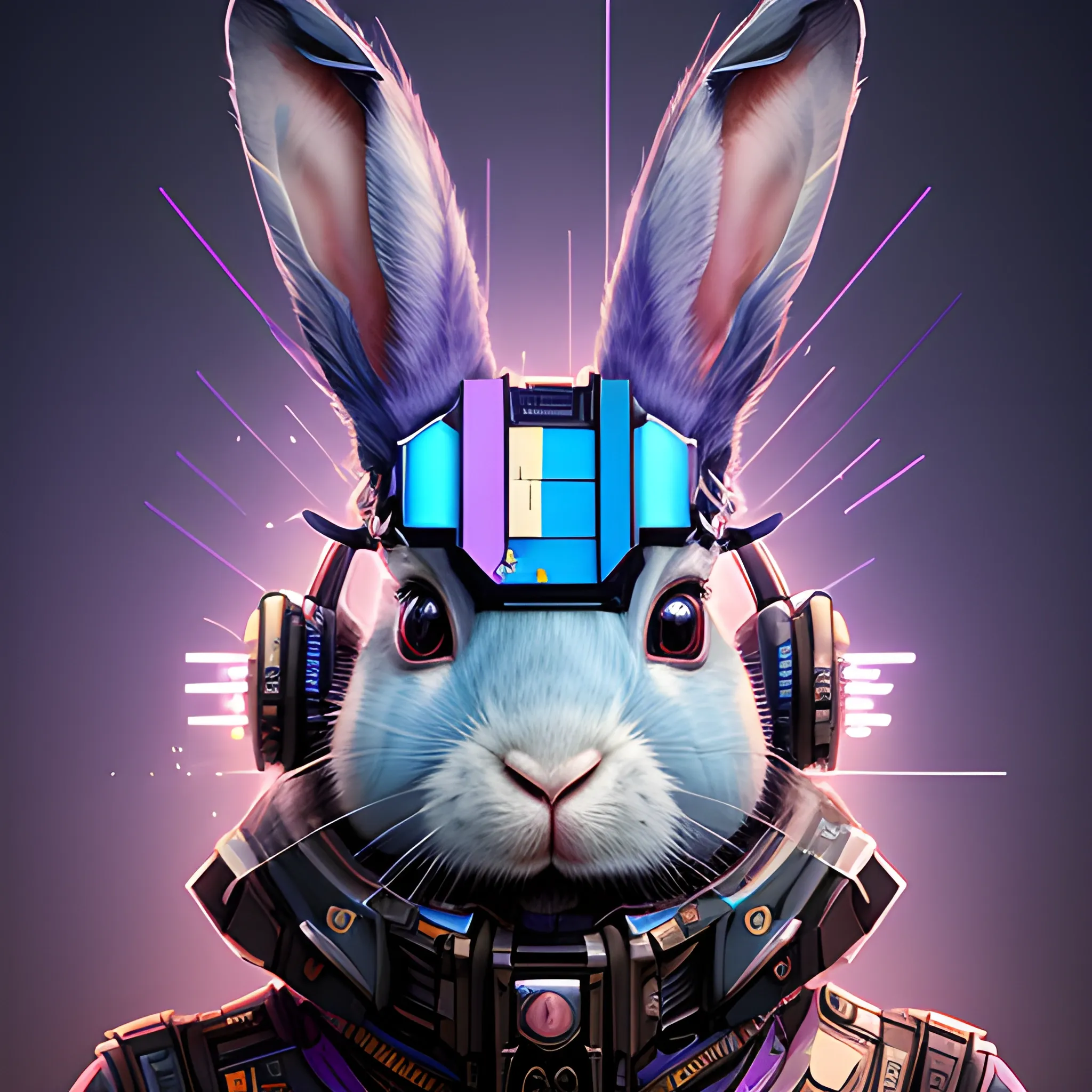 a beautiful portrait of a cute cyberpunk rabbit by sandra chevrier and greg rutkowski and wlop, from 3/4 side, purple blue color scheme,  a man, high key lighting, volumetric light, digital art, highly detailed, fine detail, intricate, ornate, complex, octane render, unreal engine, photorealistic 