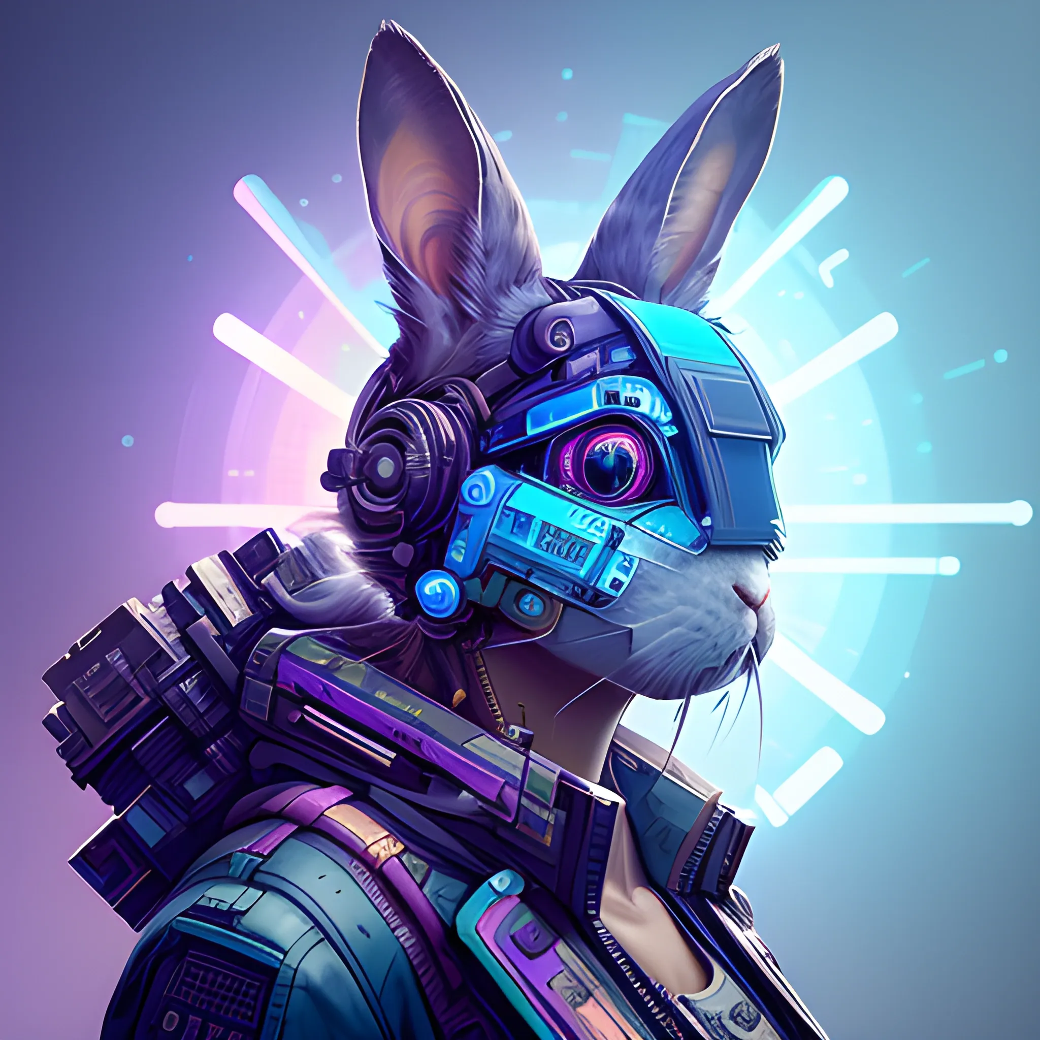 a beautiful portrait of a cute cyberpunk rabbit by sandra chevrier and greg rutkowski and wlop, Vaporwave, science fiction, from 3/4 side, purple blue color scheme,  a man, high key lighting, volumetric light, digital art, highly detailed, fine detail, intricate, ornate, complex, octane render, unreal engine, photorealistic 