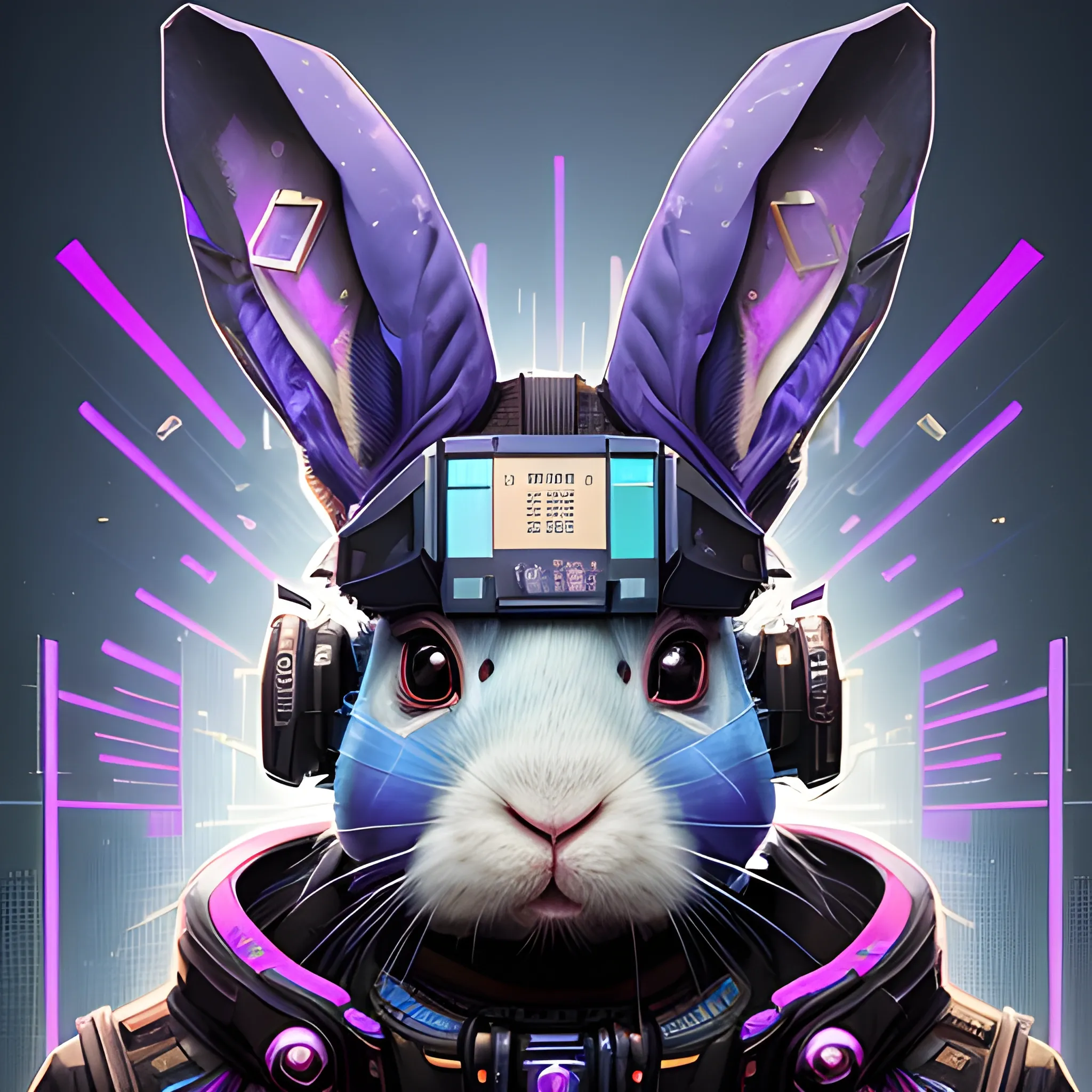 a beautiful portrait of a cute cyberpunk rabbit by sandra chevrier and greg rutkowski and wlop, Vaporwave, science fiction, from 3/4 side, purple blue color scheme,  a man, high key lighting, volumetric light, digital art, highly detailed, fine detail, intricate, ornate, complex, octane render, unreal engine, photorealistic 