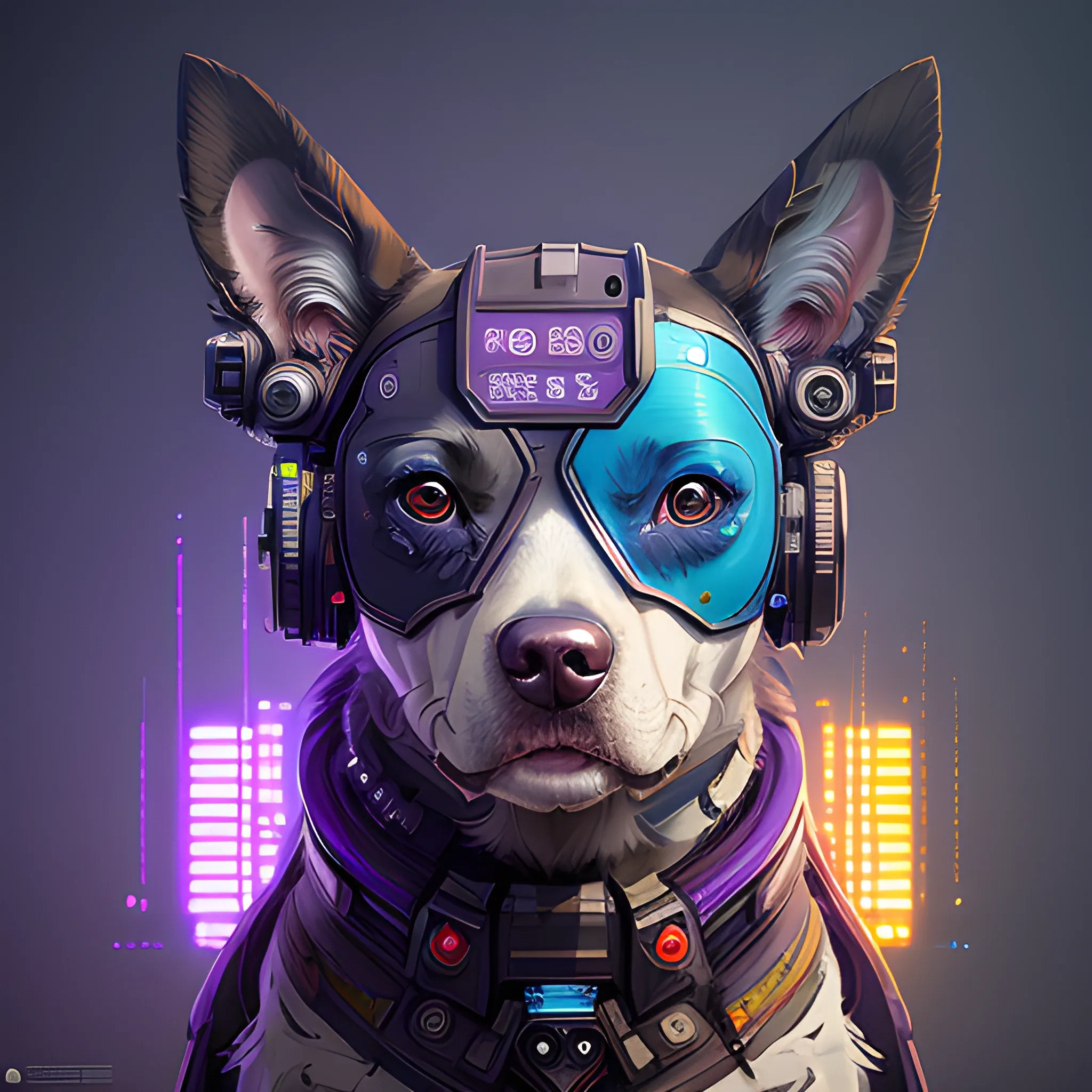 a beautiful portrait of a cute cyberpunk dog by sandra chevrier and greg rutkowski and wlop, purple blue color scheme, high key lighting, volumetric light, digital art, highly detailed, fine detail, intricate, ornate, complex, octane render, unreal engine, photorealistic 