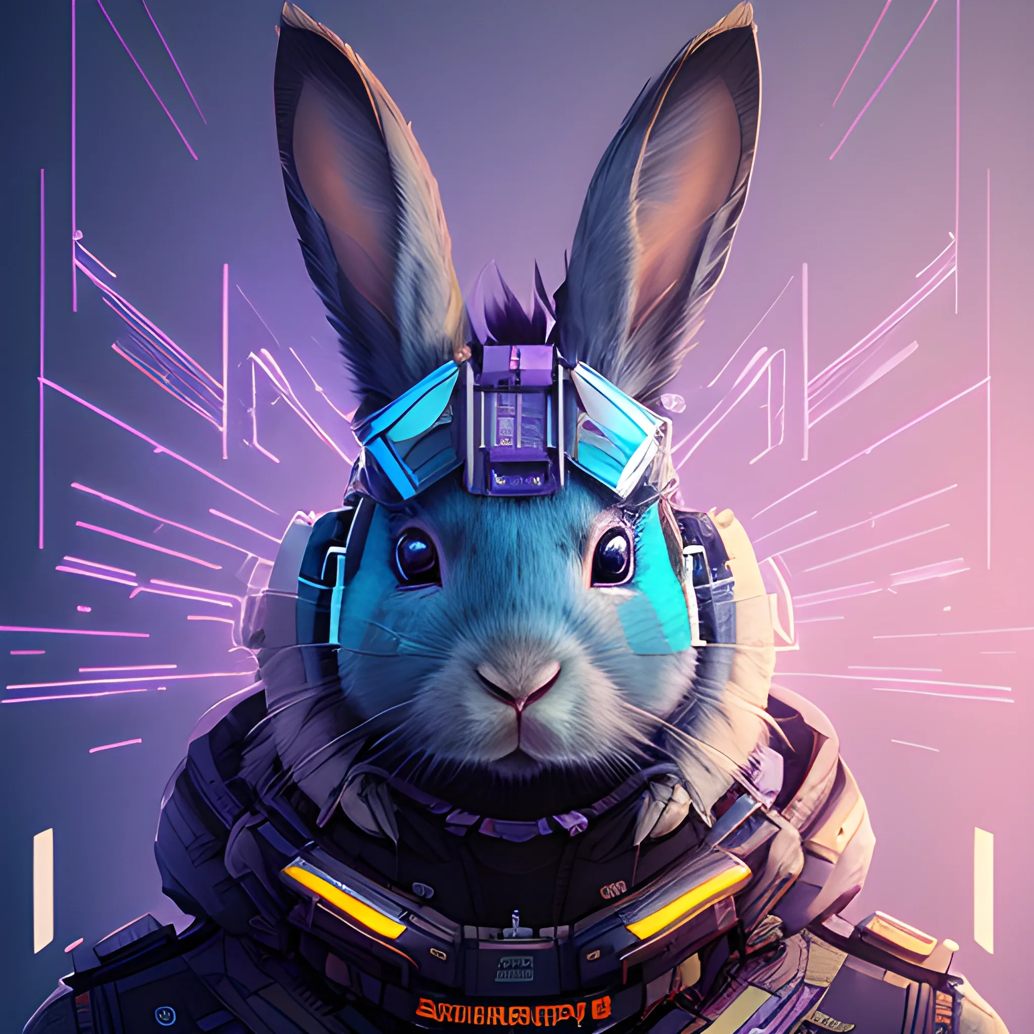 a beautiful portrait of a cute cyberpunk rabbit by sandra chevrier and greg rutkowski and wlop, from 3/4 side, purple blue color scheme,  a man, high key lighting, volumetric light, digital art, highly detailed, fine detail, intricate, ornate, complex, octane render, unreal engine, photorealistic 