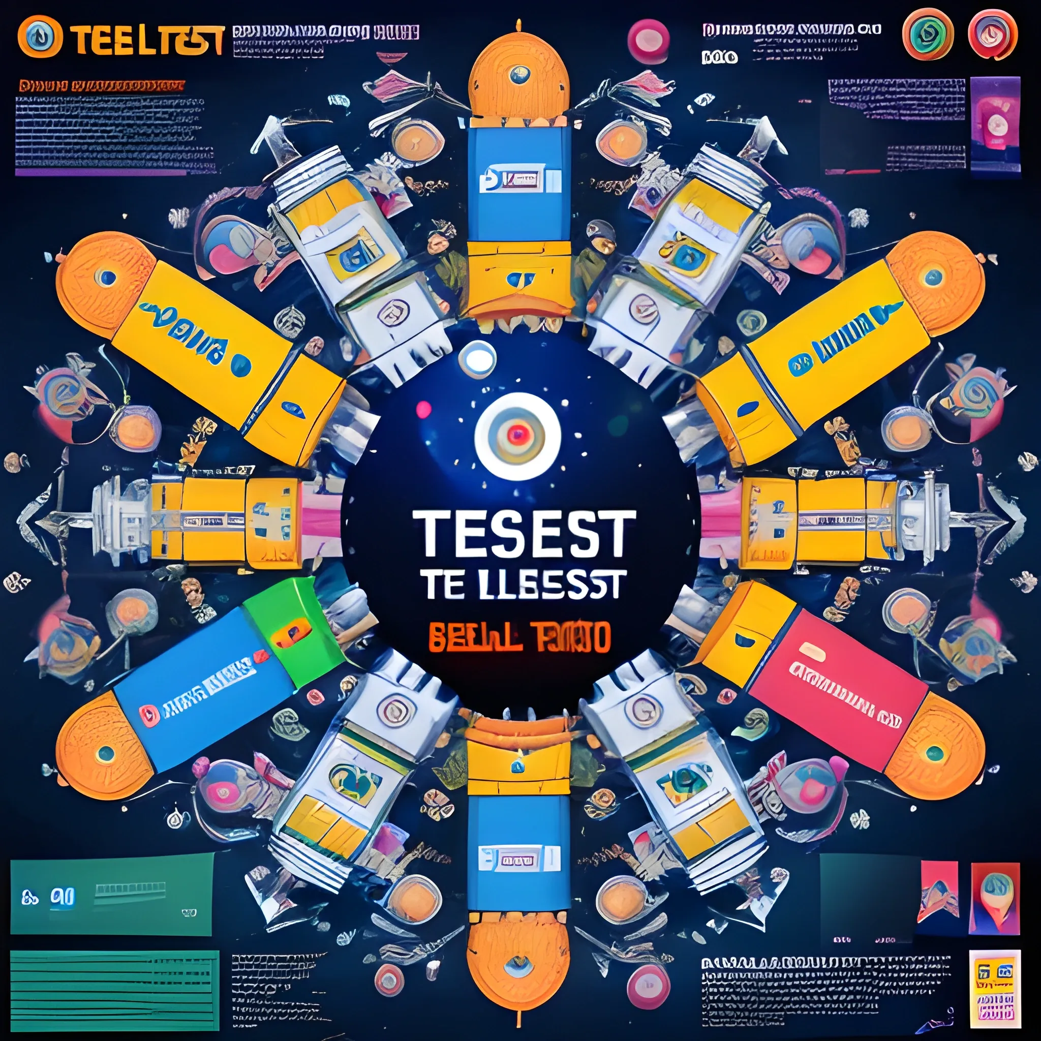 a super detailed infographic of a techfest 8k,, engineering college,,isro,,chandrayan,,logo in centre,, Trippy,, 3D,albert Einstein,,abdul kalam,, innovative,,poster,,8 pointes,,