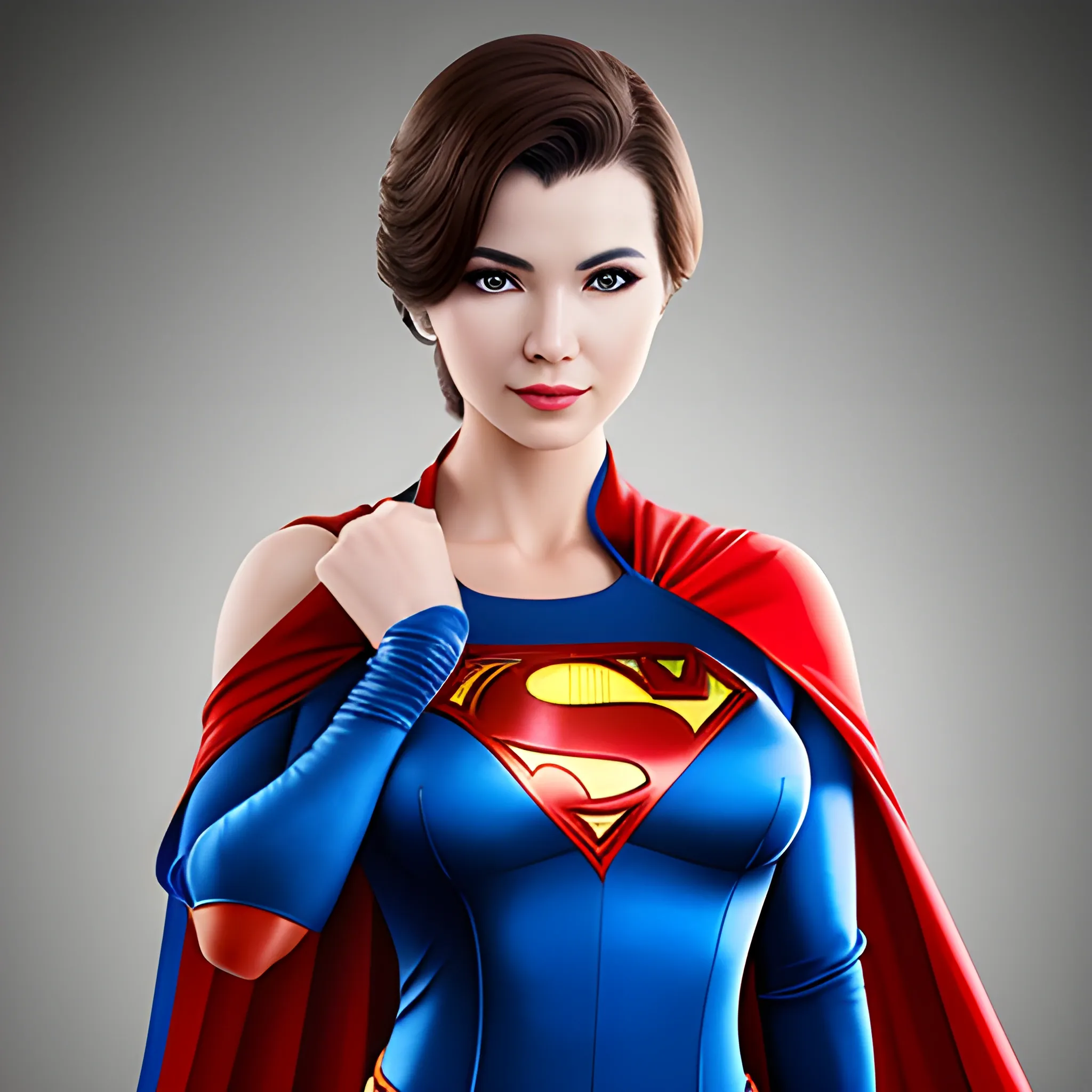An elegant lady wearing a Superman costume, eye-catching detail, realistic ultra-detailed, sensual

