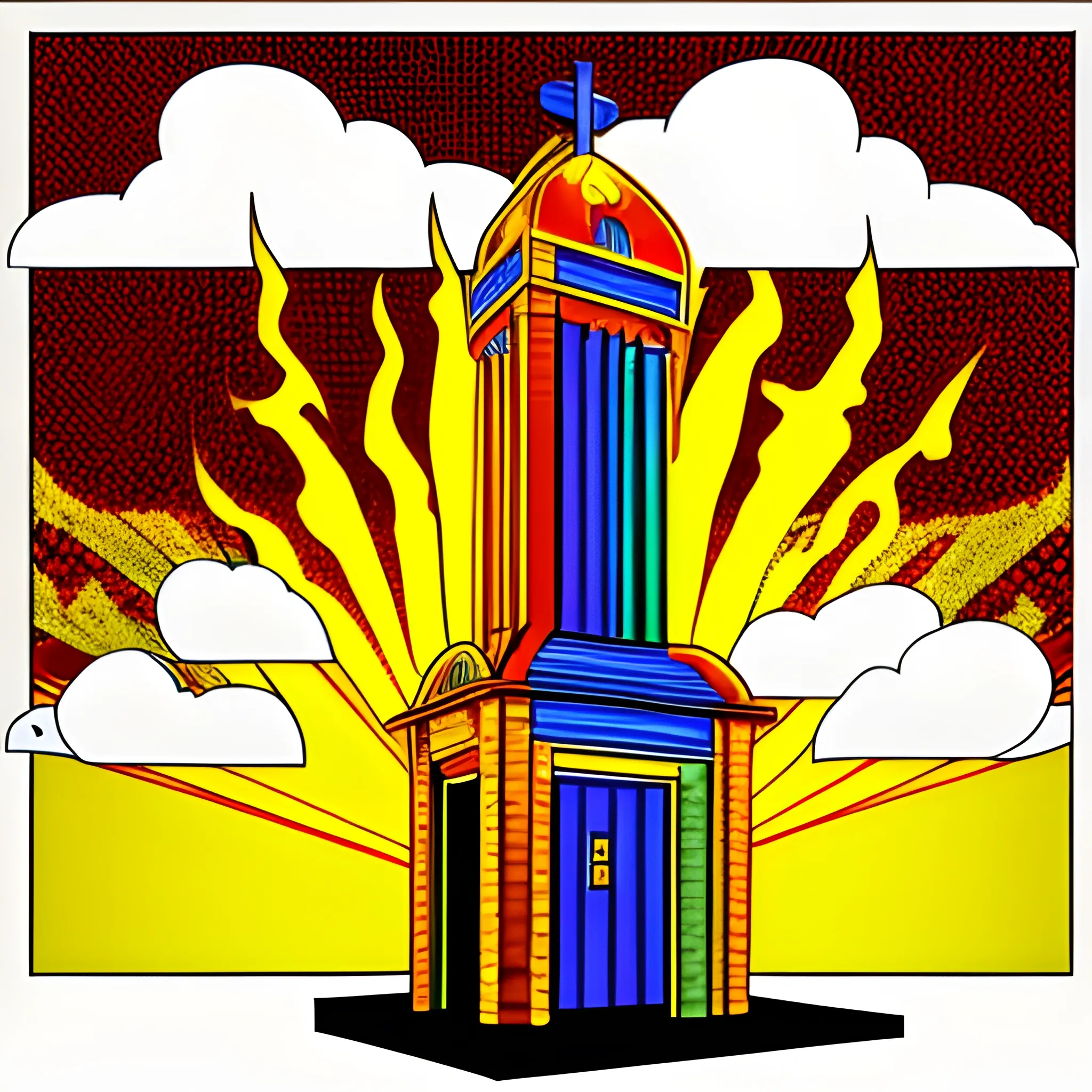 the biblical tabernacle, in a pop art image, with the column of fire, 4k, bathed in clouds, with glitch.