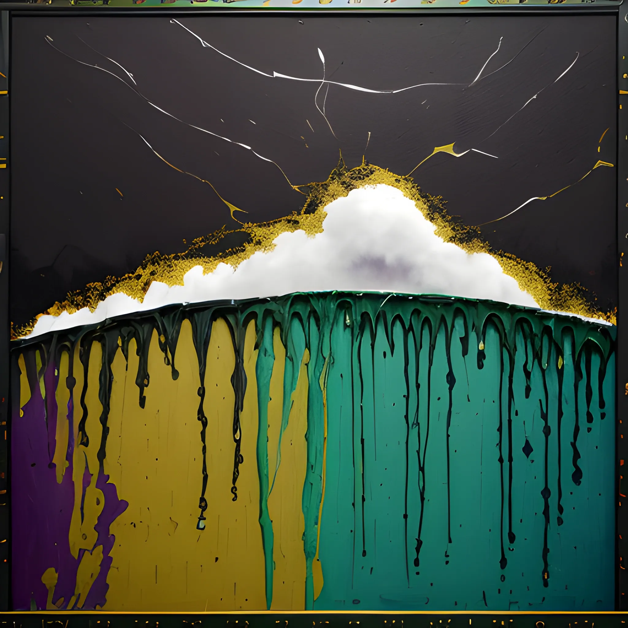 abstract painting in black, biblical tabernacle of moses bathed in abstract clouds, dark green, purple. 8k, dripping paint, paint spill, extreme detail, intricate detail, masterpiece, trending on artstation,