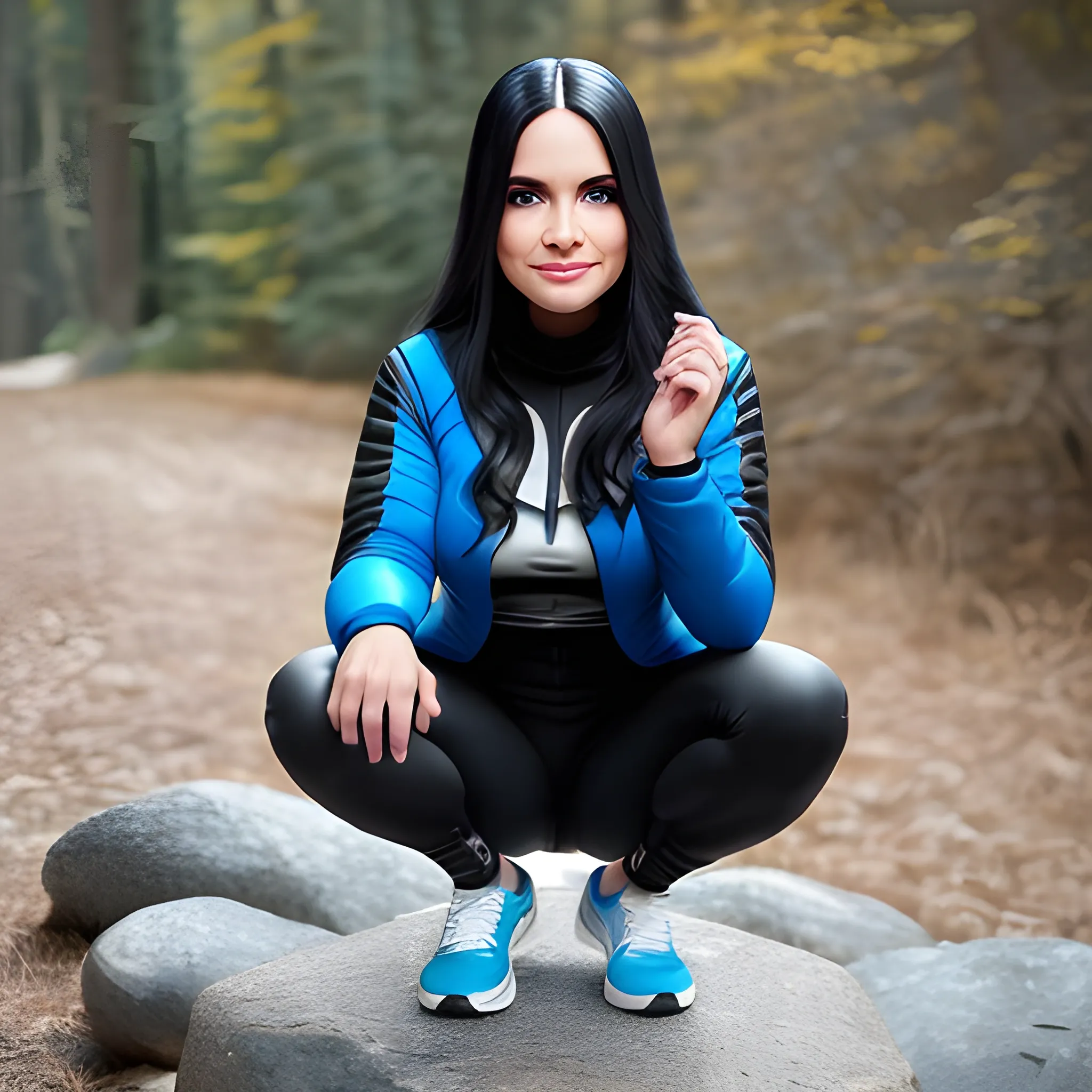 full-length photo, 70mm lens, hourglass figure, aesthetic, symmetrical, posing, angular face, goosebumps, realistic, detailed,  (perfect fingers:1.2), photographed by a Nikon Z7 II Camera, masterpiece, amazing photorealistic 4k long black hair latina woman, dressed in a tight blue outdoor jacket, tight black outdoor pants and white sneakers, sitting on a rock with her hands over her knees, and she smiles, perfect face