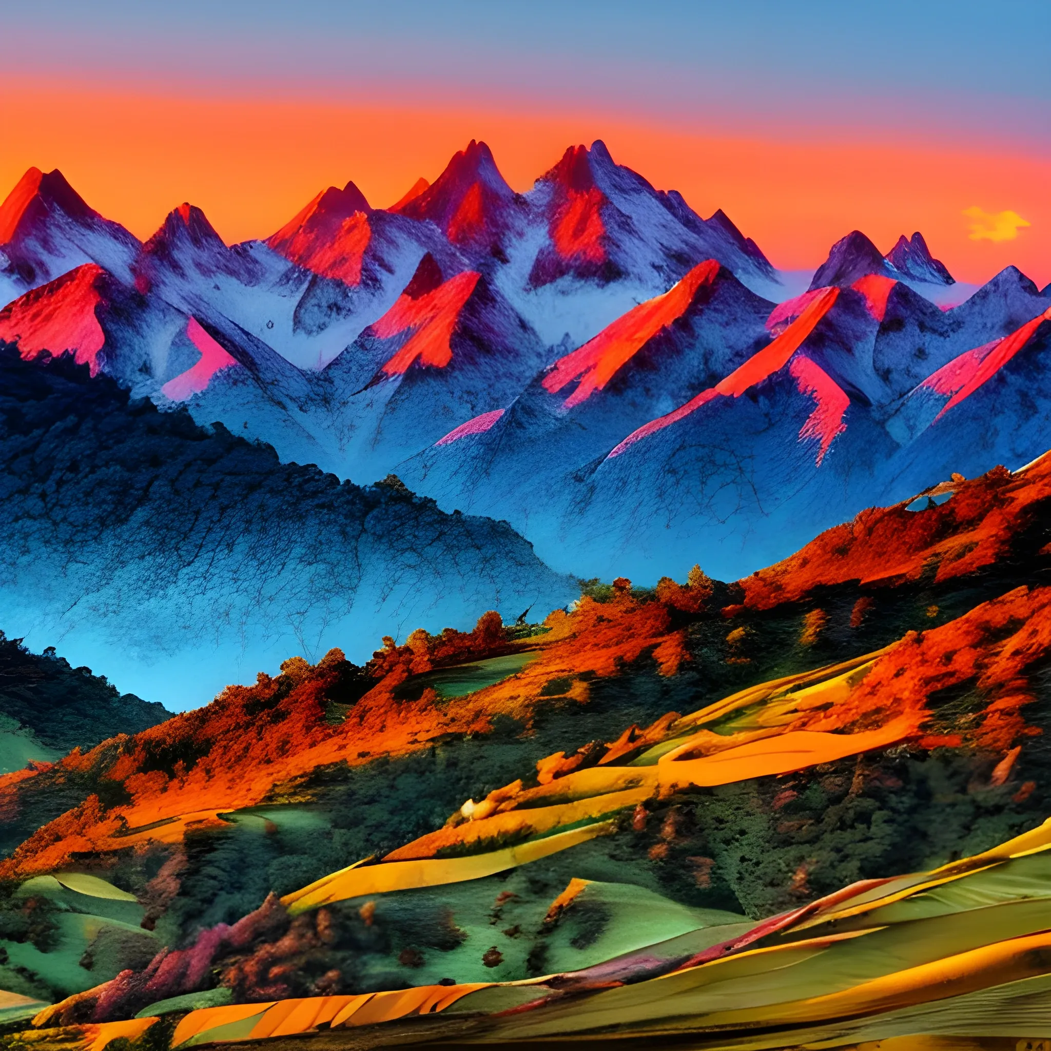 crea un paisaje de la cordillera al atardecer con colores calidos
