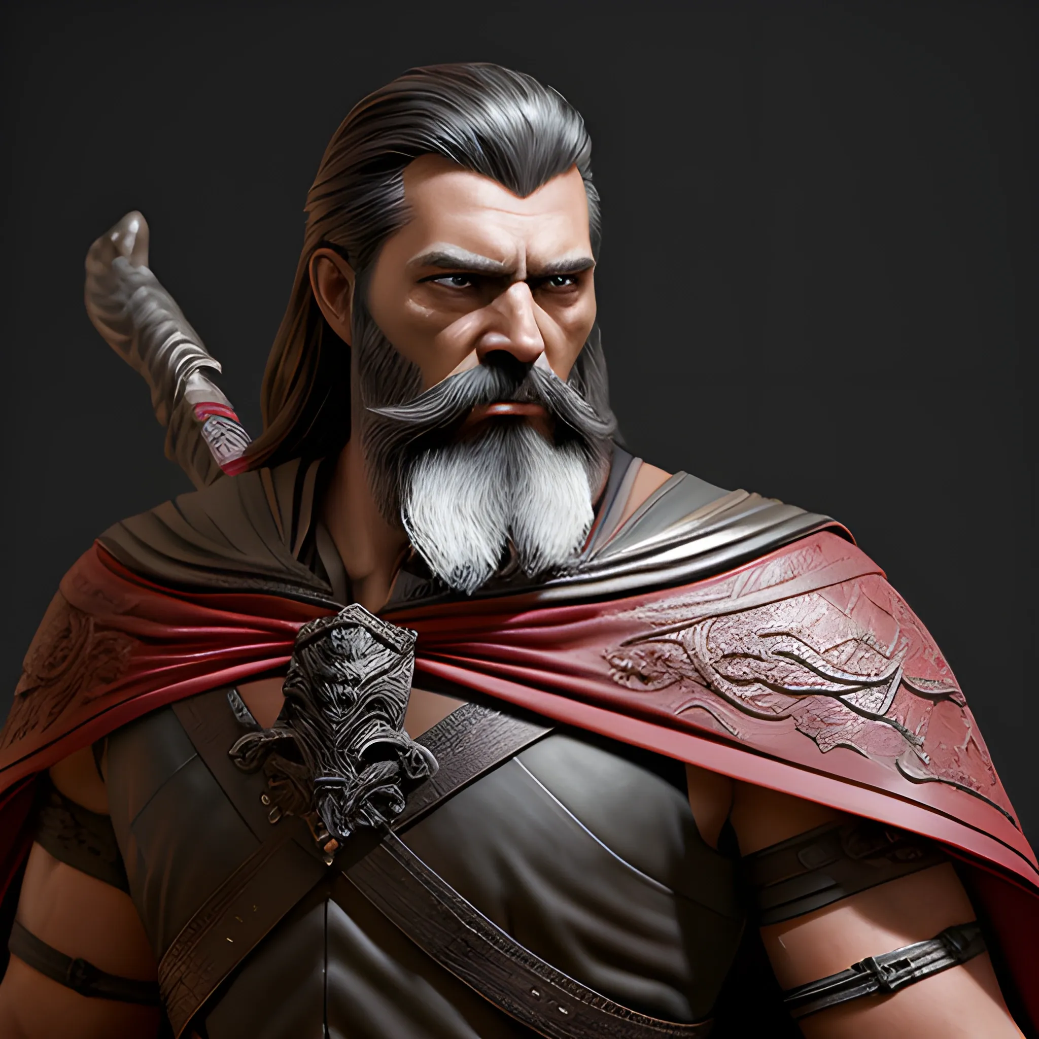 Create a photorealistic full-length portrait that captures the imposing presence of a tall, muscular, dark-skinned human explorer with a deep beard and a manly face imbued with the ancient magic of Dragonlacen. Clad in detailed armor made of leather in shades of black and brown, and a worn scarlet cape that flutters elegantly, the character deftly holds two short swords of a dark nature with a red circle on the handles and a long bow slung on his back. The meticulously neutral and changing background provides a cinematic setting that highlights every detail in this stunning work in 8K resolution
