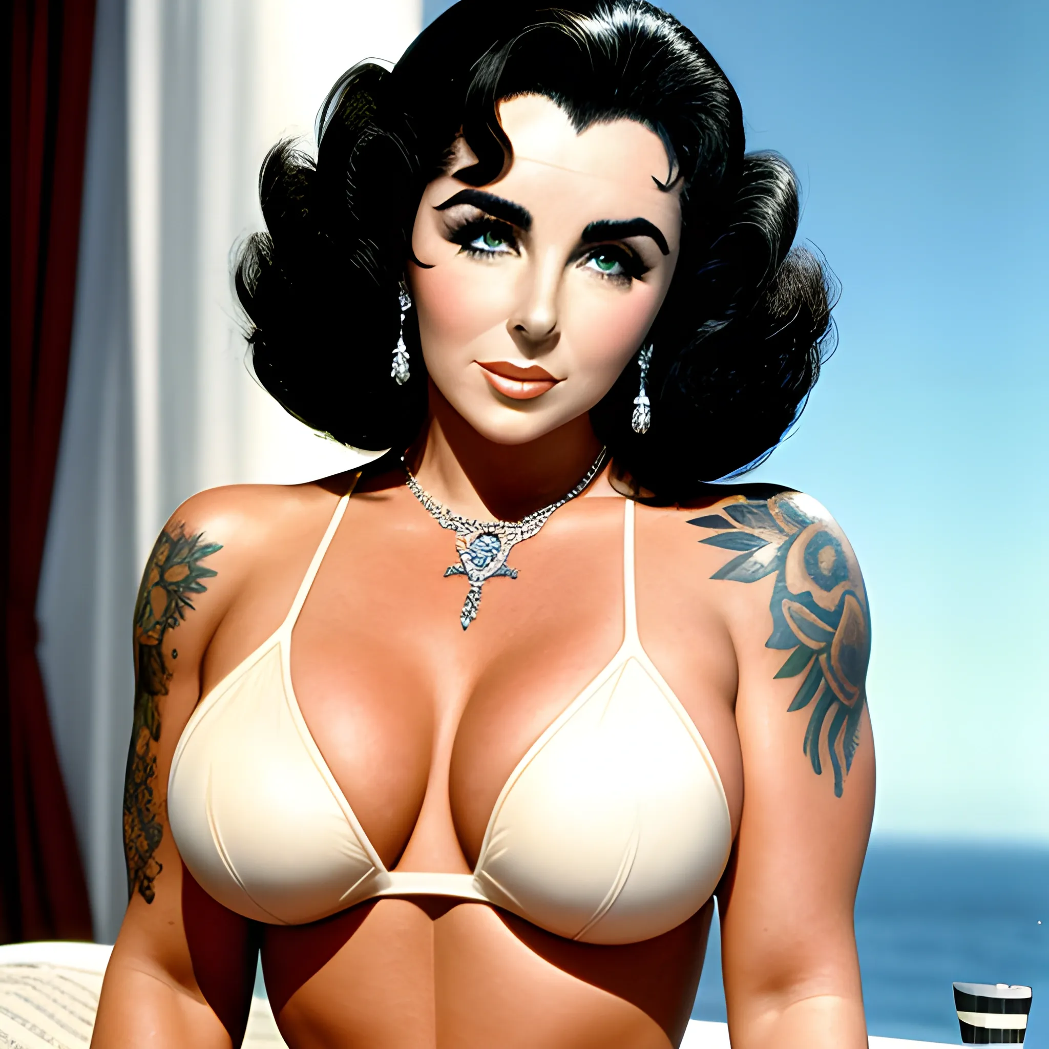 Elizabeth Taylor in the present time, in her youth, who has the style of today's girls and has an athletic body, tattoos on her body.