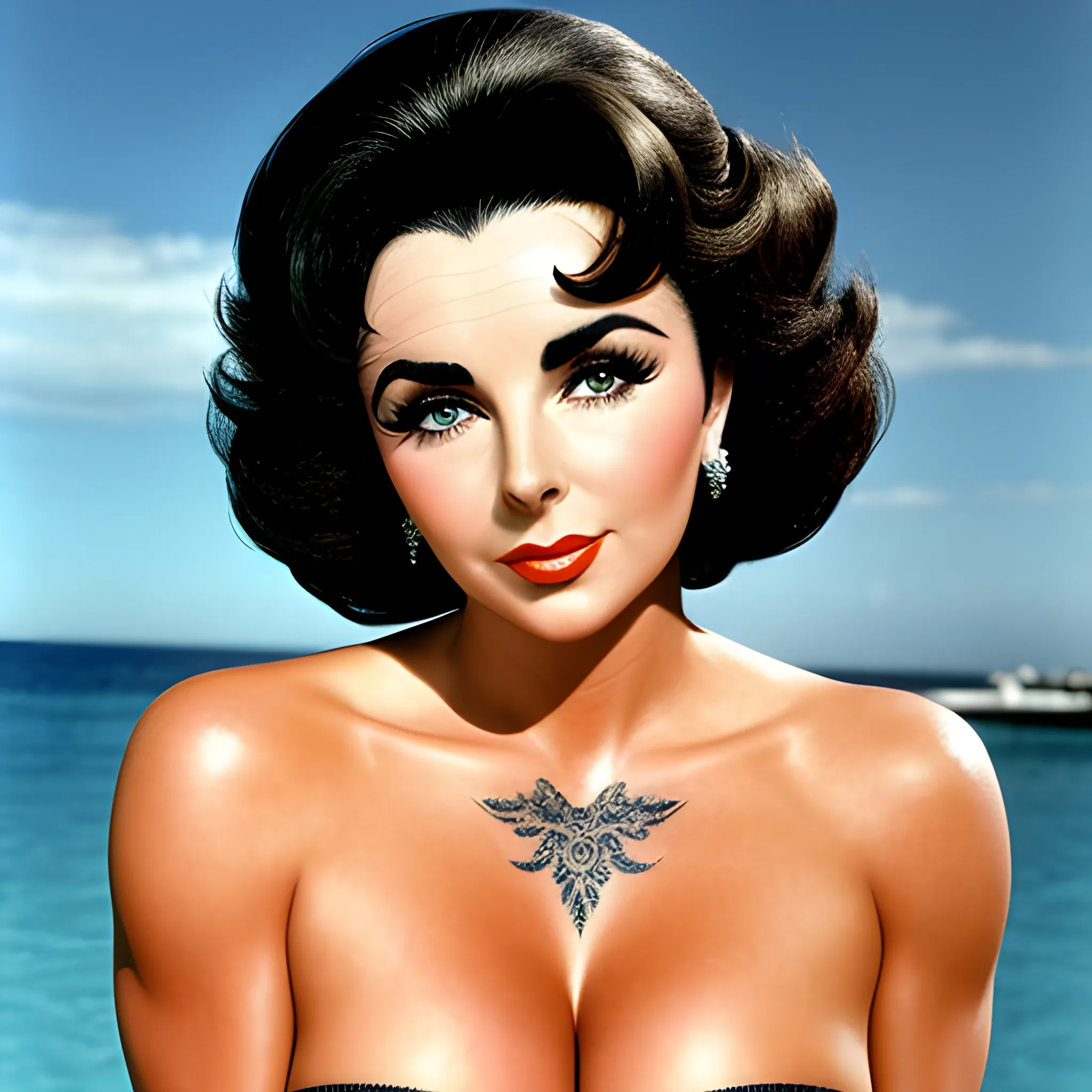 Elizabeth Taylor in the present time, in her youth, who has the style of today's girls and has an athletic body, The skin of his face should be like the body be him, tattoos on her body.