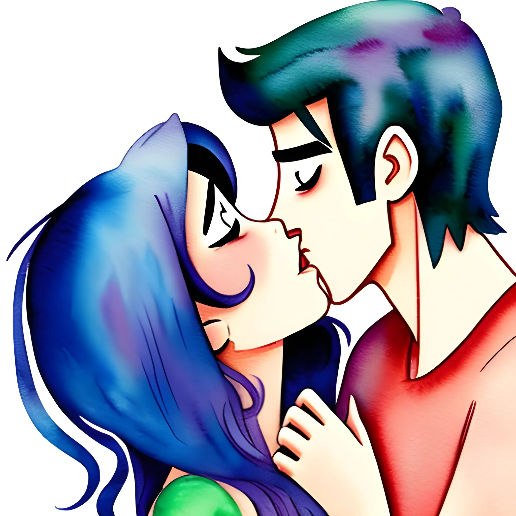 , Cartoon，A male and a female are kissing，two-dimensional style，passionate,handsome,beautiful, Water Color