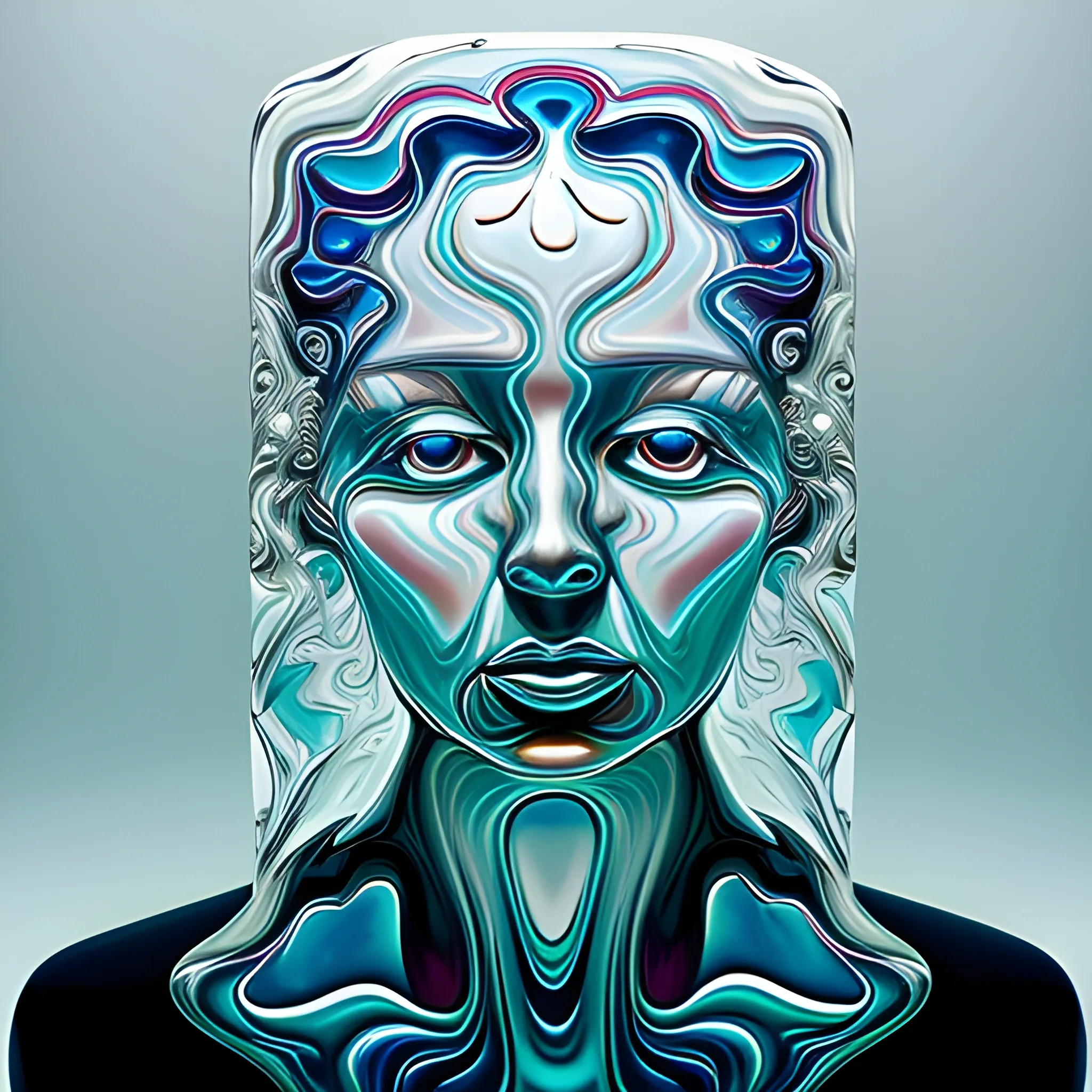 Female portrait made of fluid glass, work of a surrealist master, Trippy