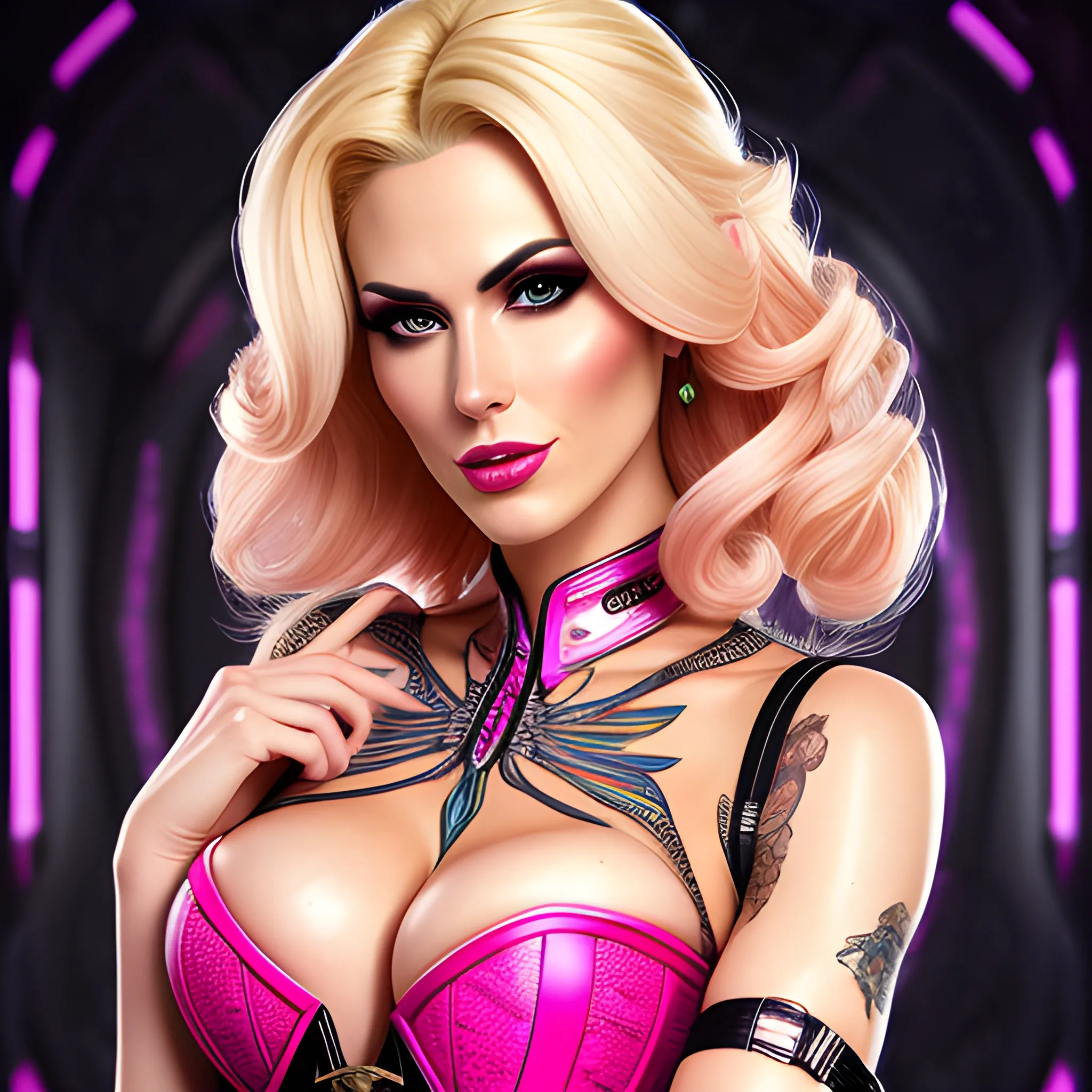 Beautiful girl, ultra high definition image, intricate pattern, she wearing pink corset, blonde hair, with sci-fi gun in left hand