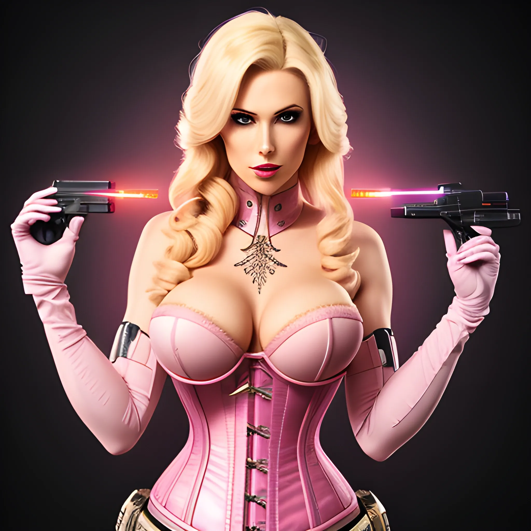 Beautiful girl, ultra high definition image, intricate pattern, she wearing pink corset, blonde hair, with sci-fi gun in left hand