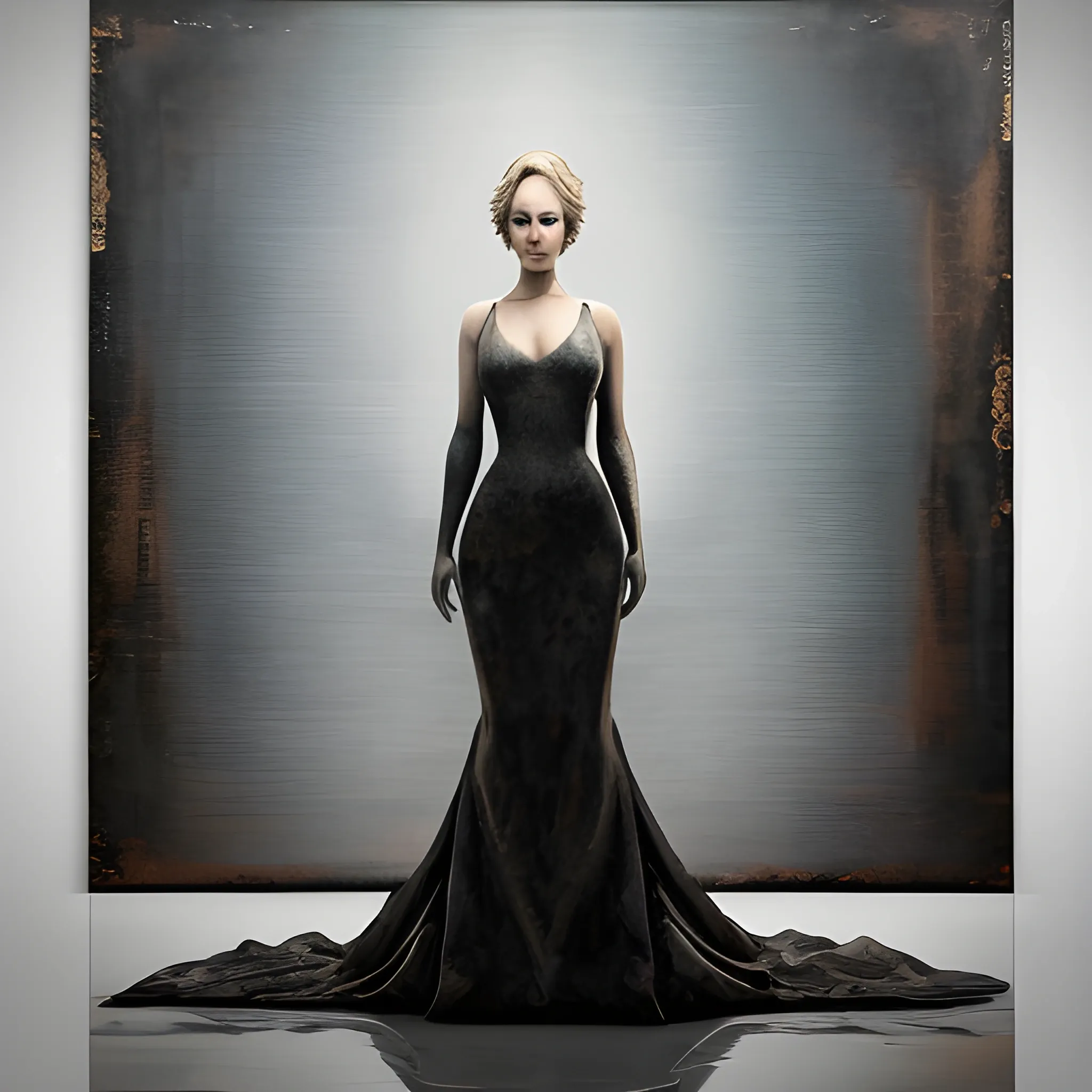 A mysterious, jennifer lawrence lady is portrayed in a tasteful and artistic manner, her identity a well-kept secret. She is depicted in a silhouette form to maintain modesty and artistic integrity, with her features and posture exuding elegance and poise. The background is left open for customization, allowing for a setting that ranges from an abstract, ethereal landscape to a more defined, realistic scene. The focus is on capturing the essence of her character – strong, enigmatic, and graceful – while ensuring the imagery remains respectful and artistically driven., 3D, realestic