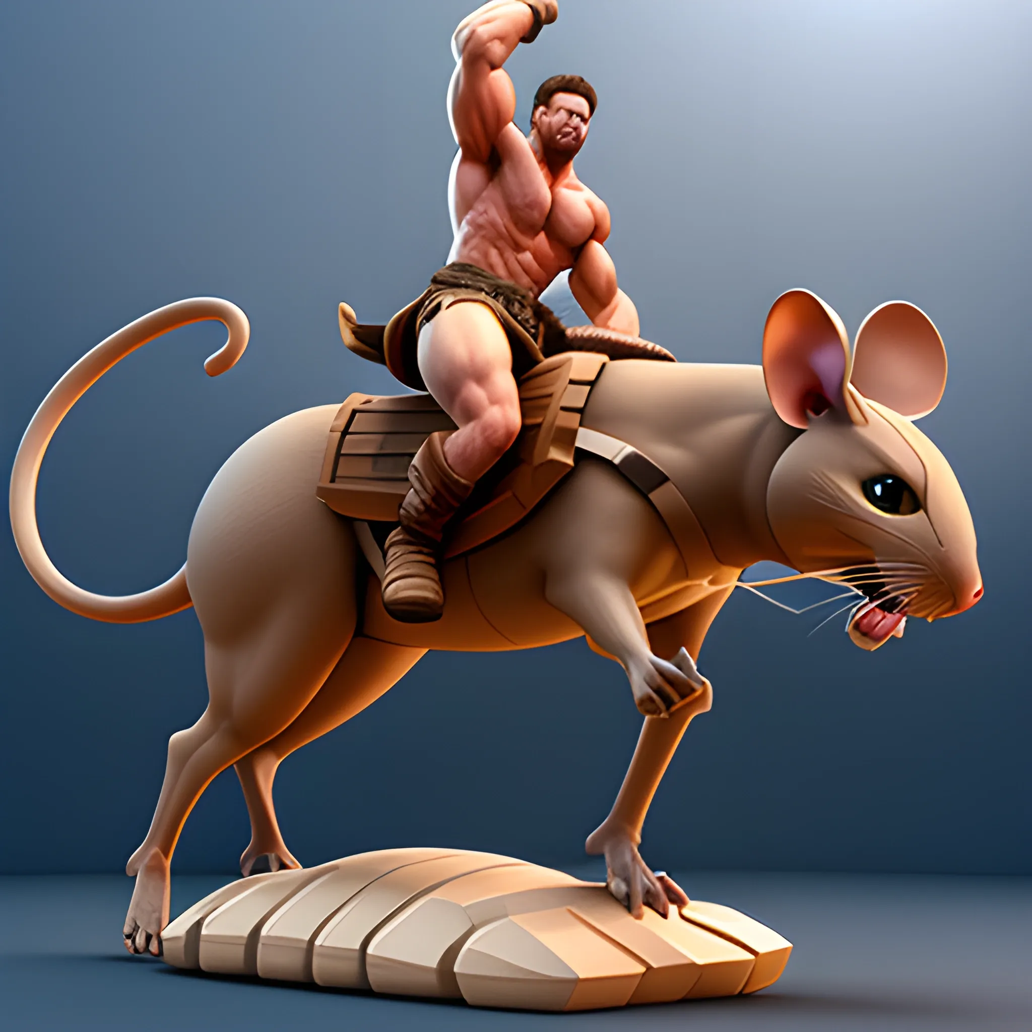 a muscly man riding a large mouse into battle, 3D