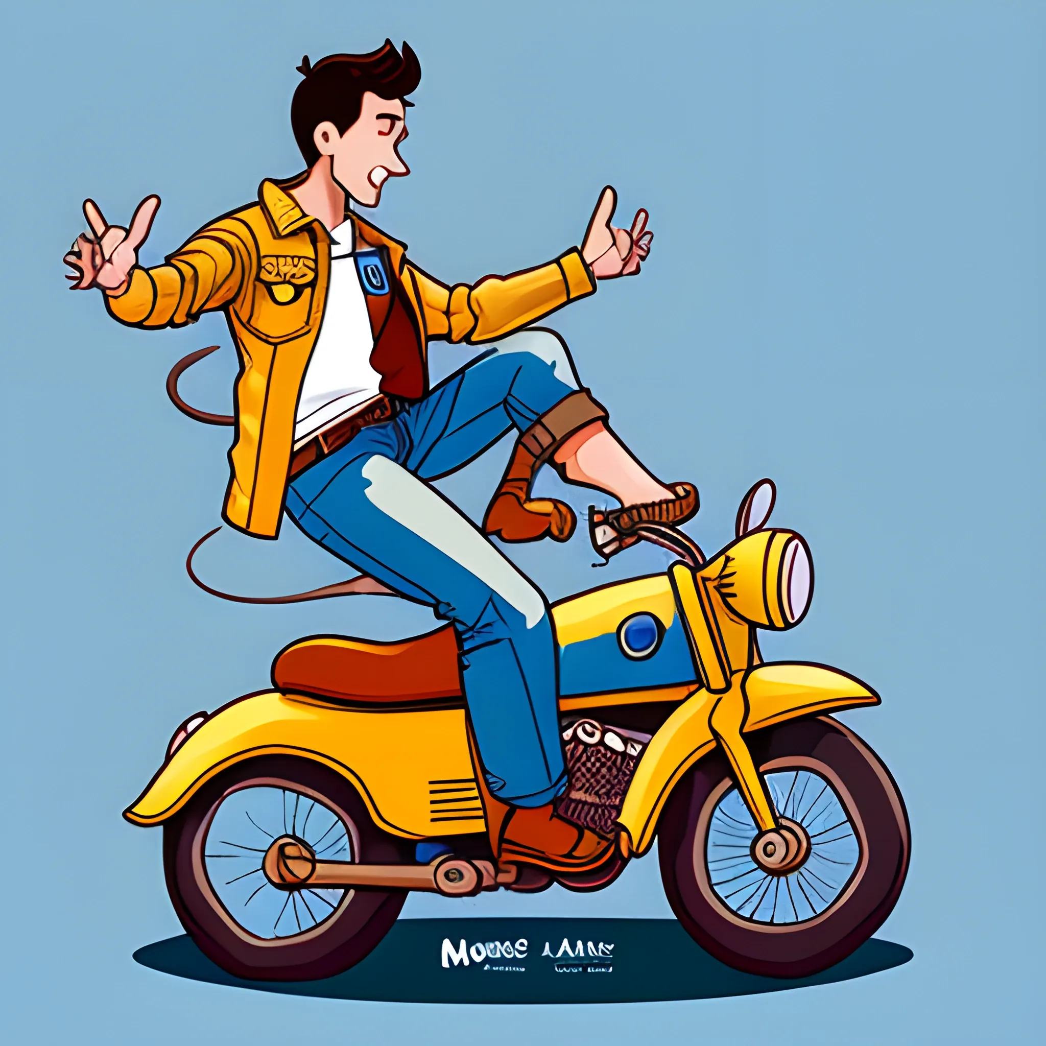 a man riding a giant mouse and the mouse is wearing a denim jacket, Cartoon