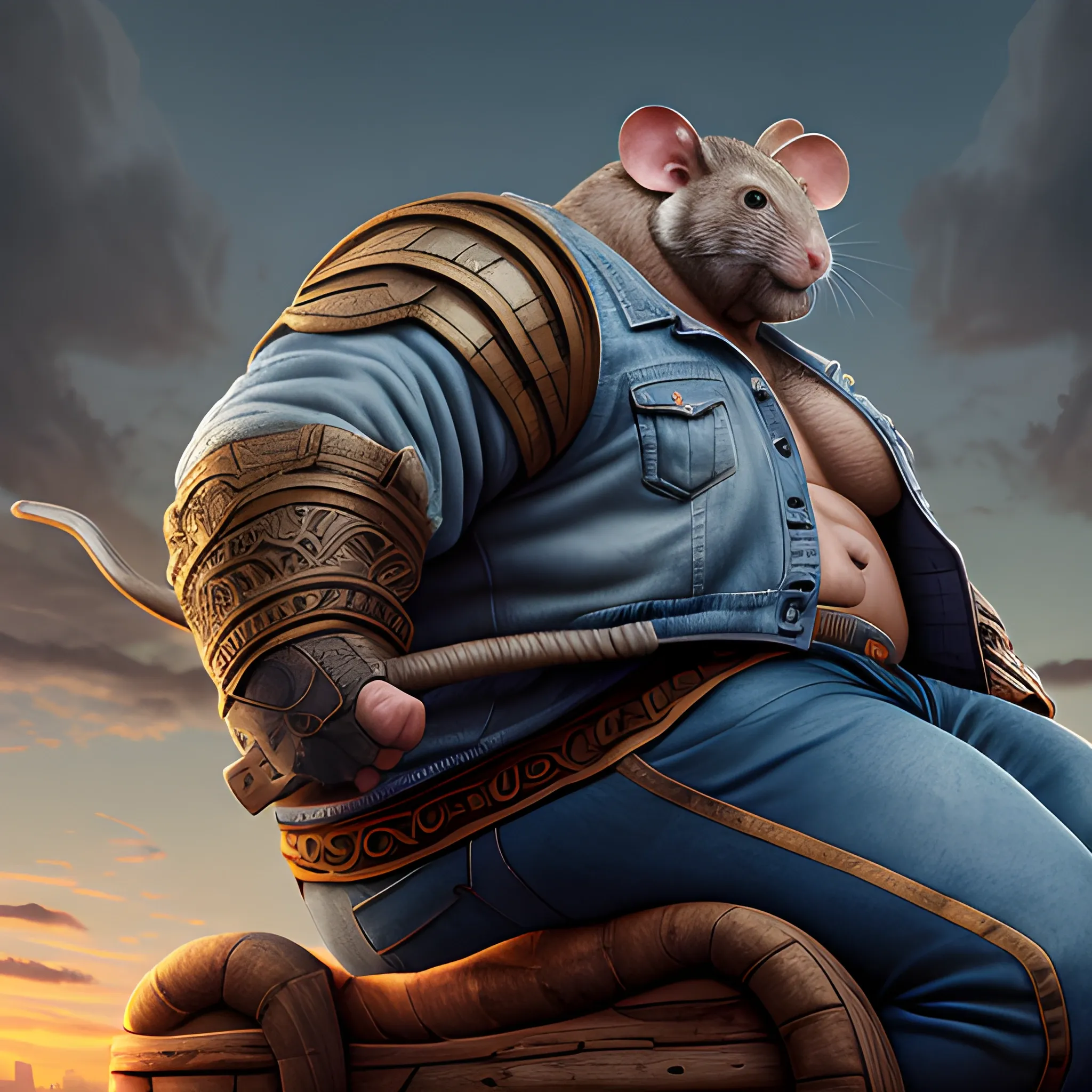 A man with muscles and a large fat belly, riding on the back of a huge and giant warrior Mouse. Mouse is huge as mountain. Mouse is wearing a denim jacket. Fantasy world. The camera angle is a wide. Can see entire Mouse and man. Hyper realistic, sharpen details, detailed skin, sharpened eyes, cinematic, intricate details, (gorgeous face:1. 2), masterpiece, half-side angle, dystopian, microscopic, night, high quality, detailed, masterpiece, best quality, highres, extremely detailed, (8k)