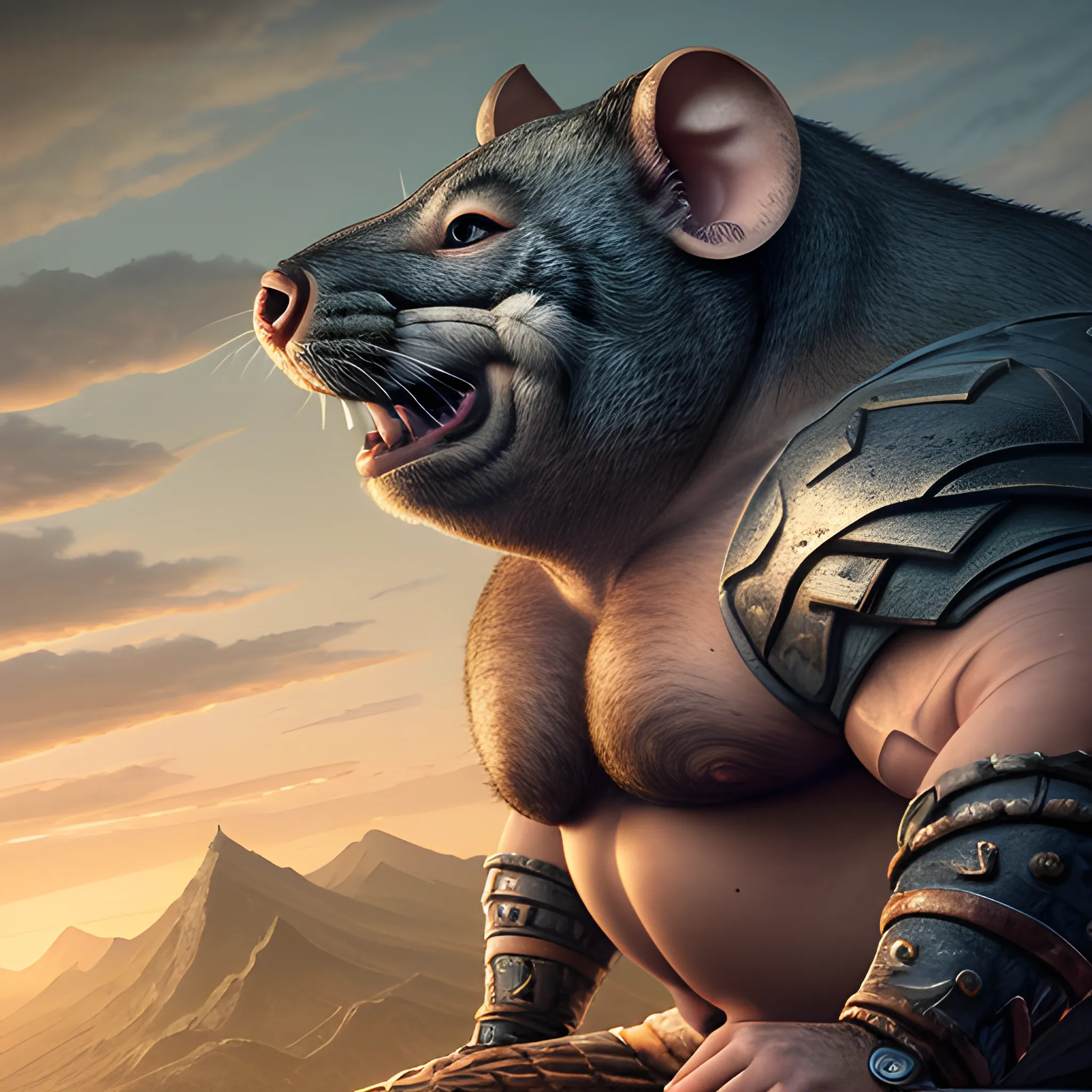 A man with muscles and a large fat belly, riding on the back of a huge and giant warrior Mouse. Mouse is huge as mountain. Fantasy world. The camera angle is a wide. Can see entire Mouse and man. Hyper realistic, sharpen details, detailed skin, sharpened eyes, cinematic, intricate details, (gorgeous face:1. 2), masterpiece, half-side angle, dystopian, microscopic, night, high quality, detailed, masterpiece, best quality, highres, extremely detailed, (8k)