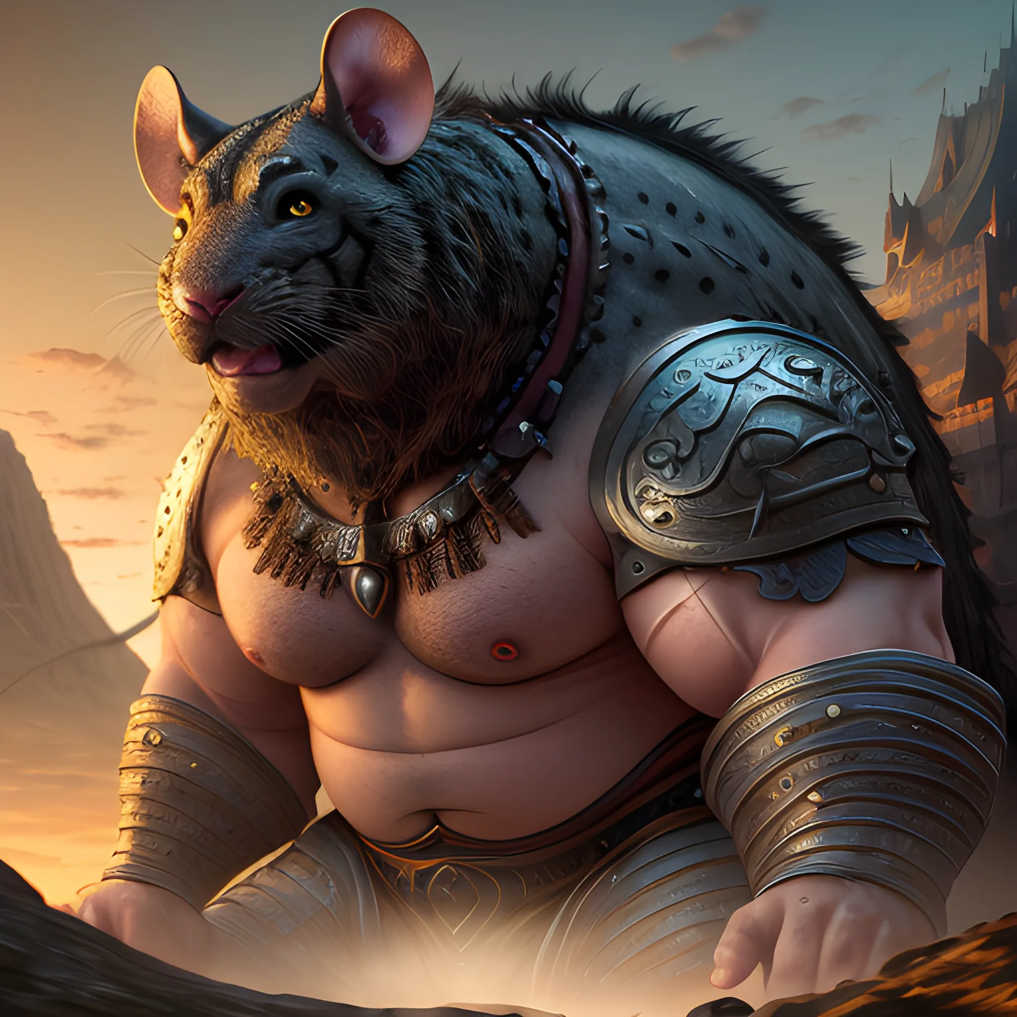 A man with muscles and a large fat belly riding on the back of a huge and giant warrior Mouse. Mouse is huge as mountain. Fantasy world. The camera angle is a wide. Hyper realistic, sharpen details, detailed skin, sharpened eyes, cinematic, intricate details, (gorgeous face:1. 2), masterpiece, half-side angle, dystopian, microscopic, night, high quality, detailed, masterpiece, best quality, highres, extremely detailed, (8k)