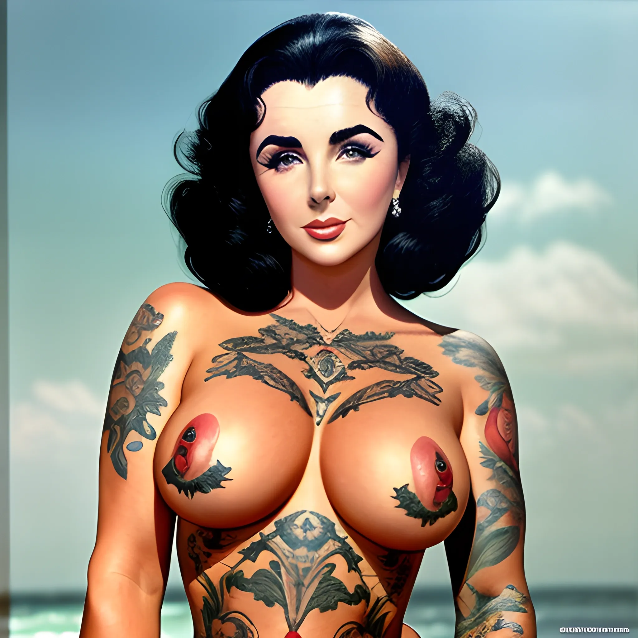 Elizabeth Taylor in the present time, in her youth, who has the style of today's girls , tattoos on her body. realistic ultra-detailed, full body shot and beautiful face, professional photography
