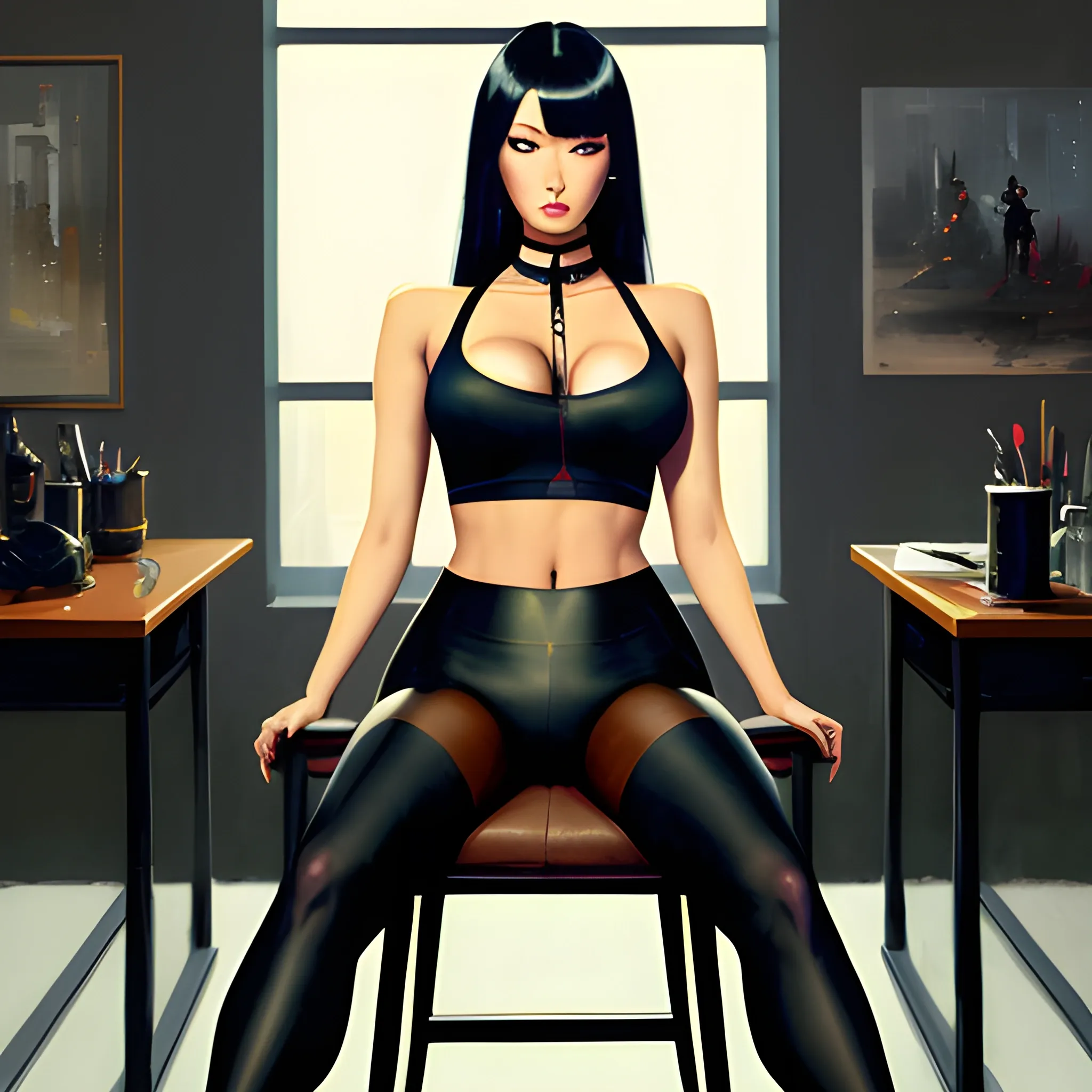 dark painting, intensive colors,  casual fashion shot of a  korean cheap damsel in distress, wearing tights , exposed  thighs, cameltoe, longhaired, symmetric face, manga eyes,  full figure, fit,  tight shirt, choker, legs, knees, high heels, sitting on the chair in the class, school, revenge, sinister art by Greg Rutkowski, Oil Painting