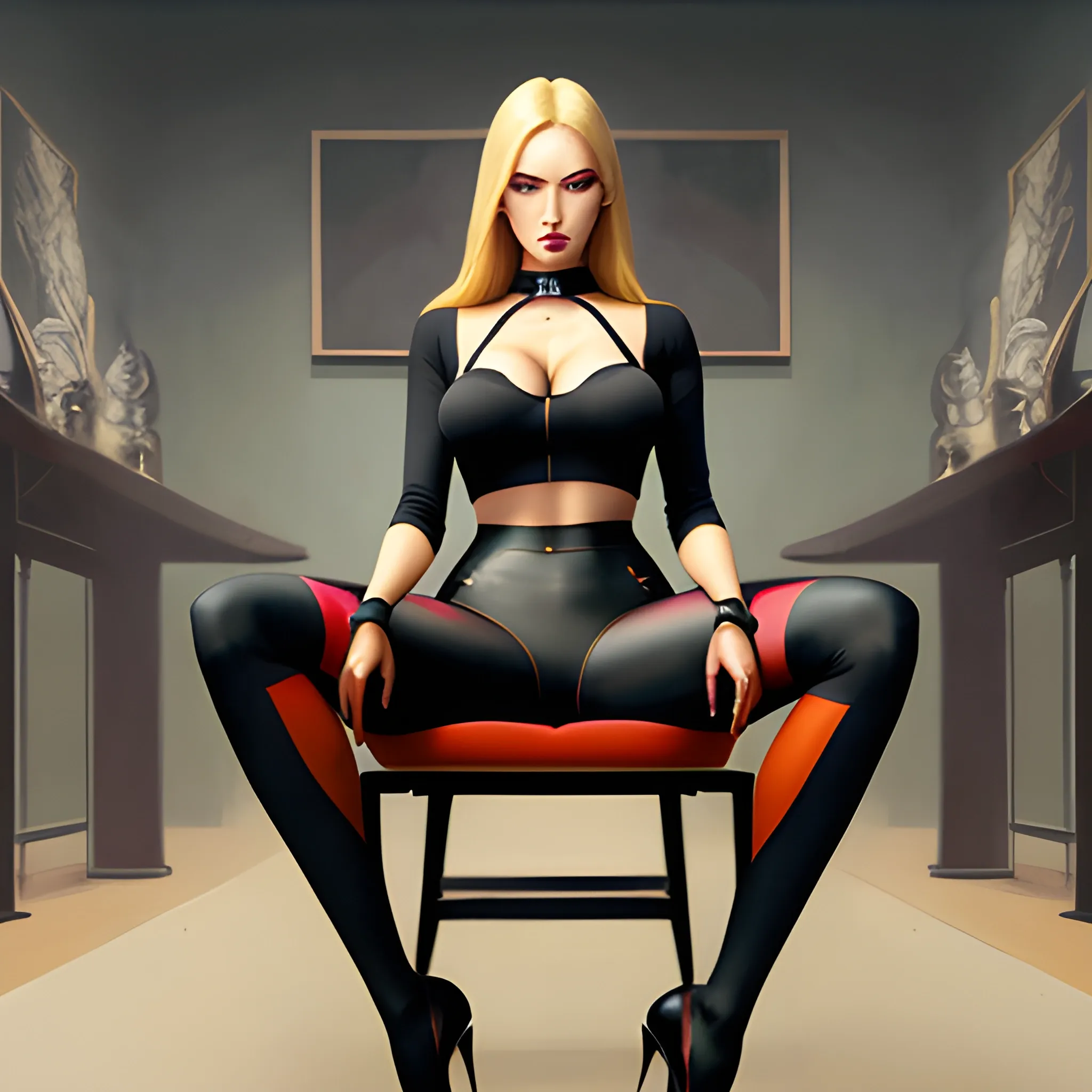 dark painting, intensive colors,  casual fashion shot of a  korean blonde cheap damsel in distress, wearing tights , exposed  thighs, cameltoe, longhaired, symmetric face, manga eyes,  full figure, fit,  tight shirt, choker, legs, knees, high heels, sitting on the chair in the class, school, revenge, sinister art by Greg Rutkowski, Oil Painting