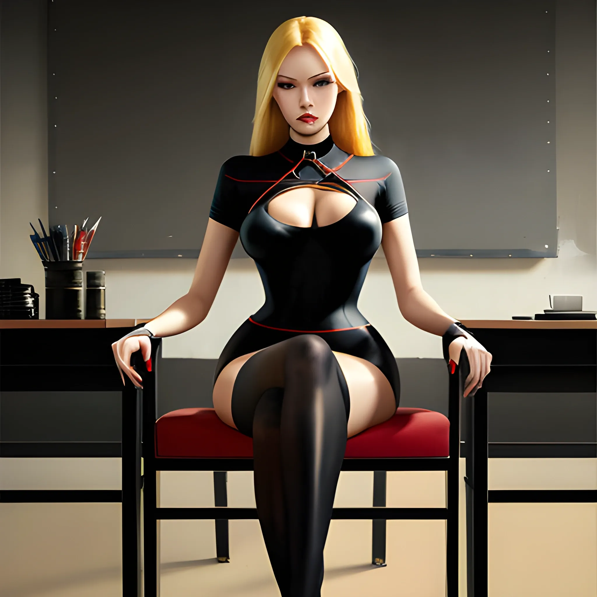 dark painting, intensive colors,  casual fashion shot of a  blonde  korean cheap damsel in distress, wearing tights , exposed  thighs, cameltoe, longhaired, symmetric face, manga eyes,  full figure, fit,  tight shirt, choker, legs, knees, high heels, sitting on the chair in the class, school, revenge, sinister art by Greg Rutkowski, Oil Painting