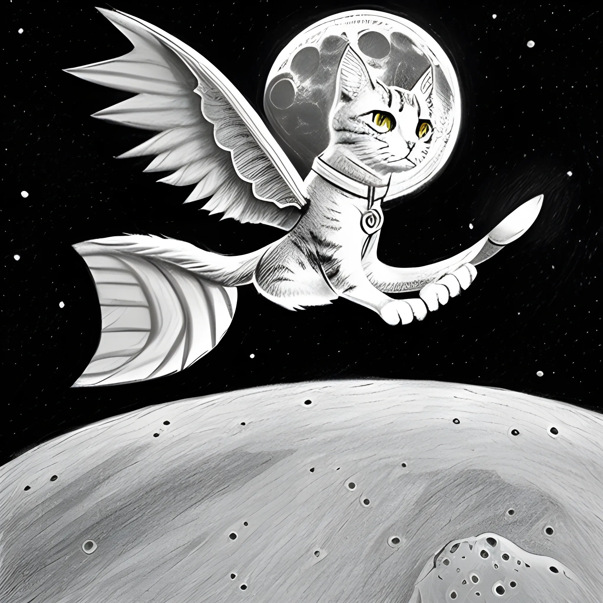 sophisticated flying cat on the moon , Pencil Sketch