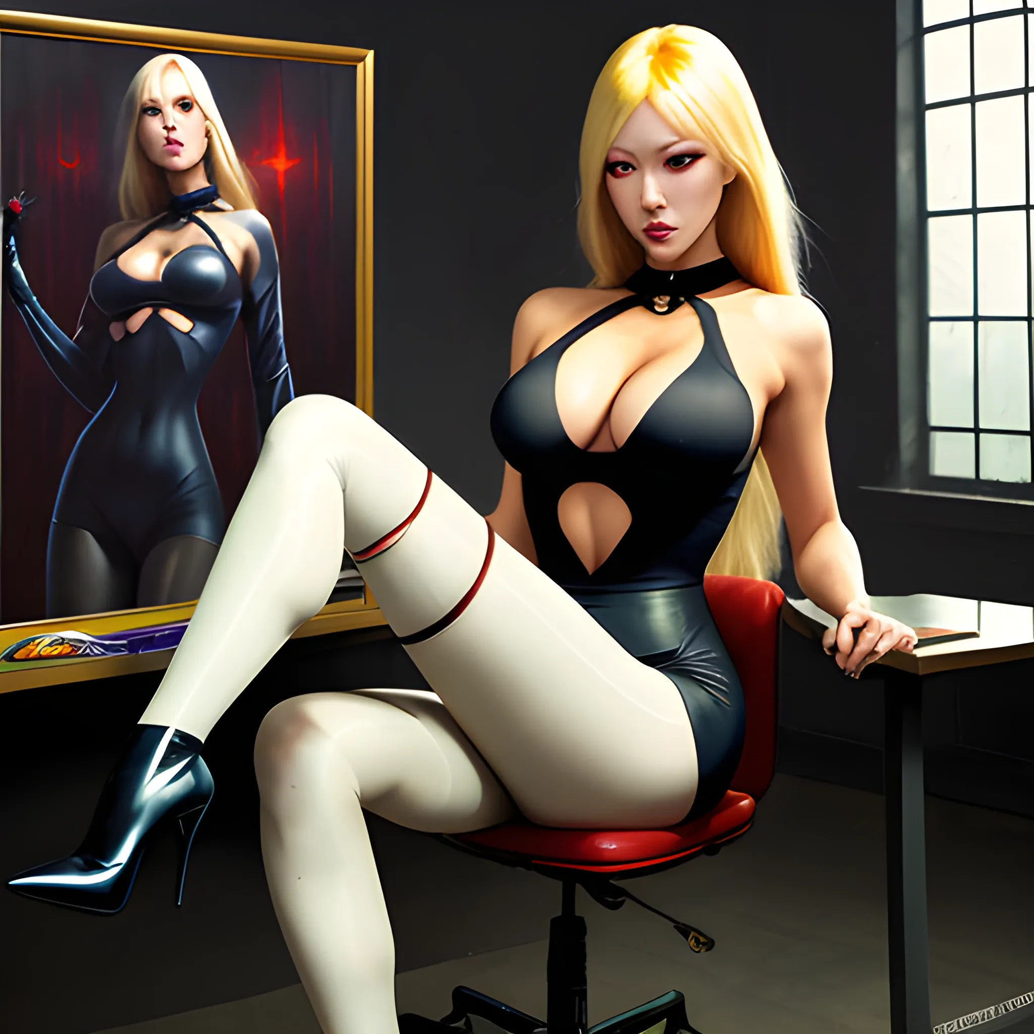 dark painting, intensive colors,  casual fashion shot of a  blonde  korean cheap damsel in distress, wearing tights , exposed  thighs, cameltoe, longhaired, symmetric face, manga eyes,  full figure, fit,  tight shirt, choker, legs, knees, high heels, sitting on the chair in the class, school, revenge, sinister art by Greg Rutkowski, Oil Painting