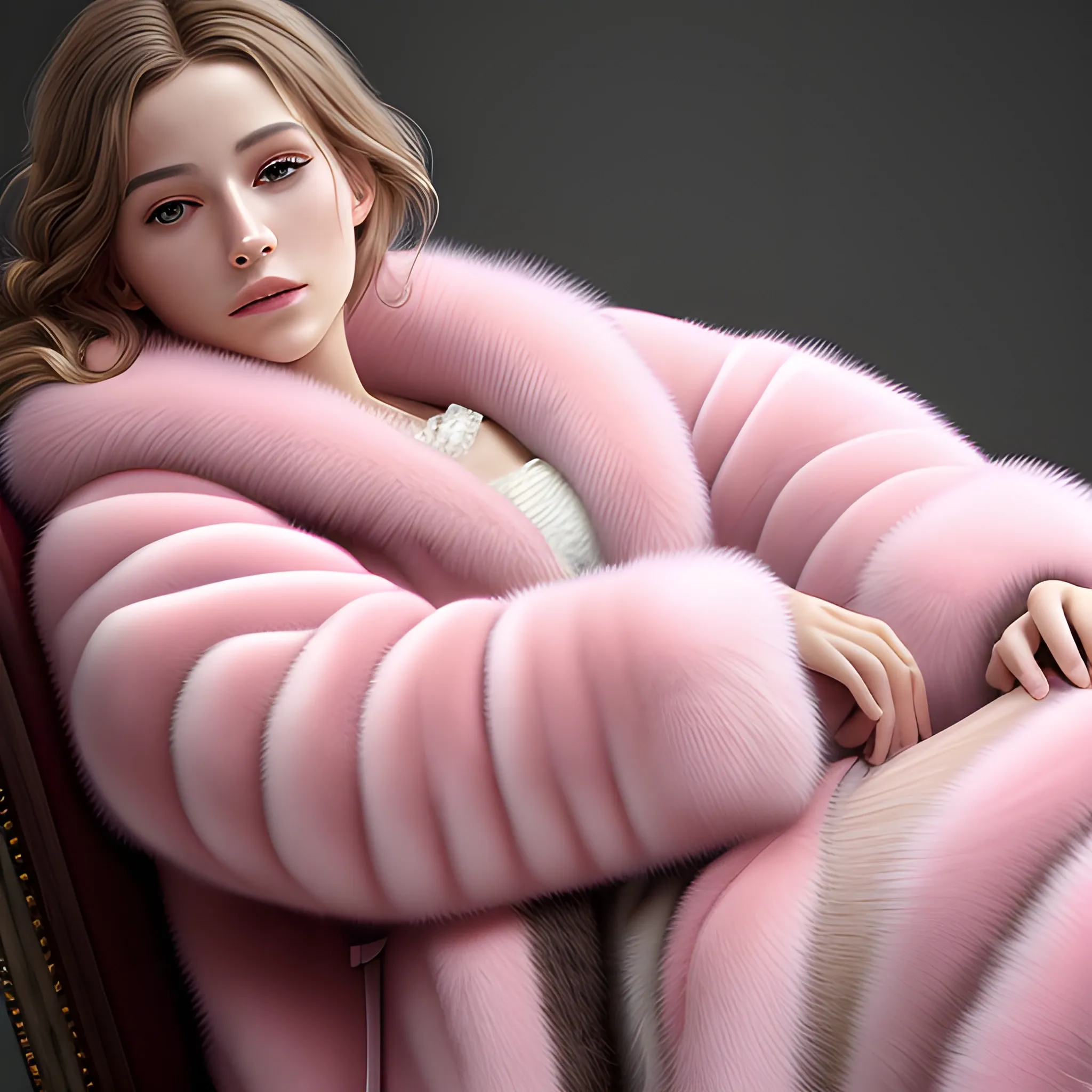 best quality, masterpiece, ultra high res, photorealistic, detailed skin, pink fur coat, lounging