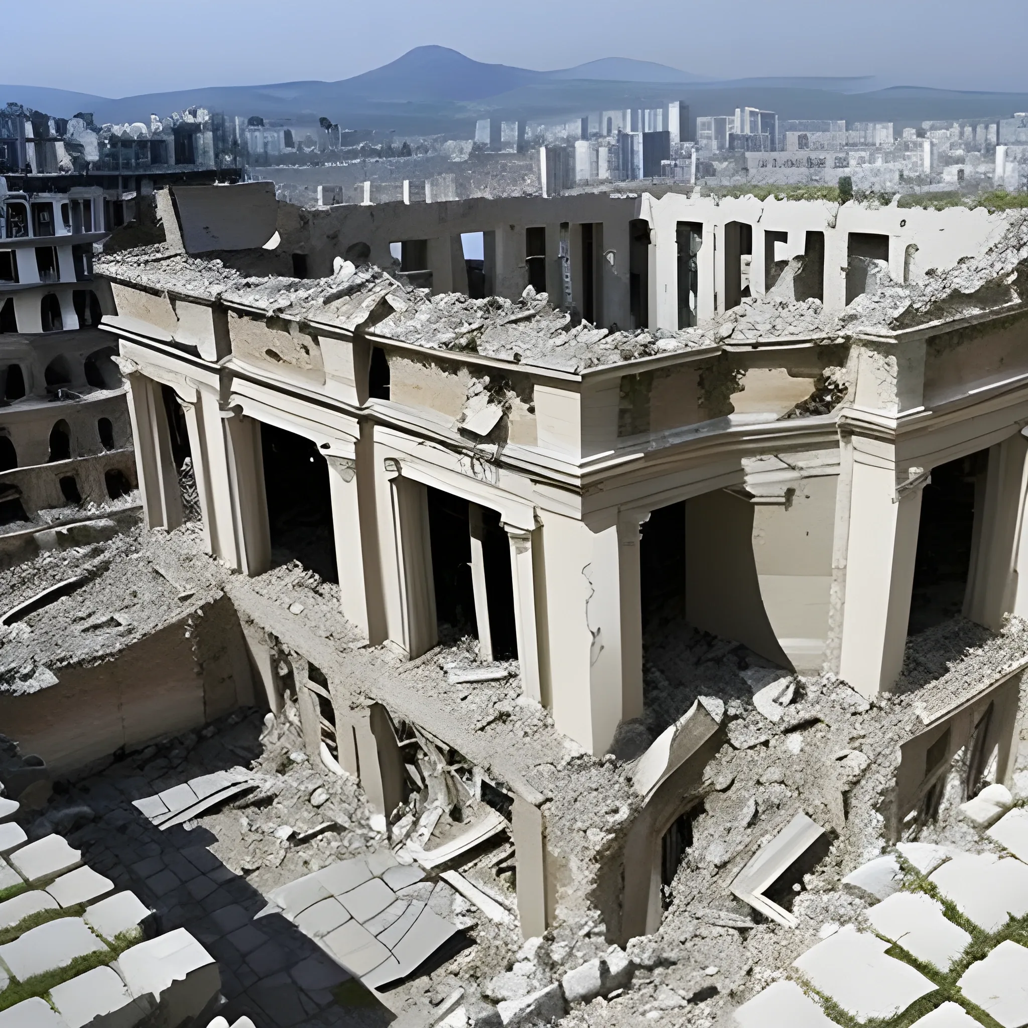 Collapsed buildings during the war, suffering children in the ruins, and perseverance